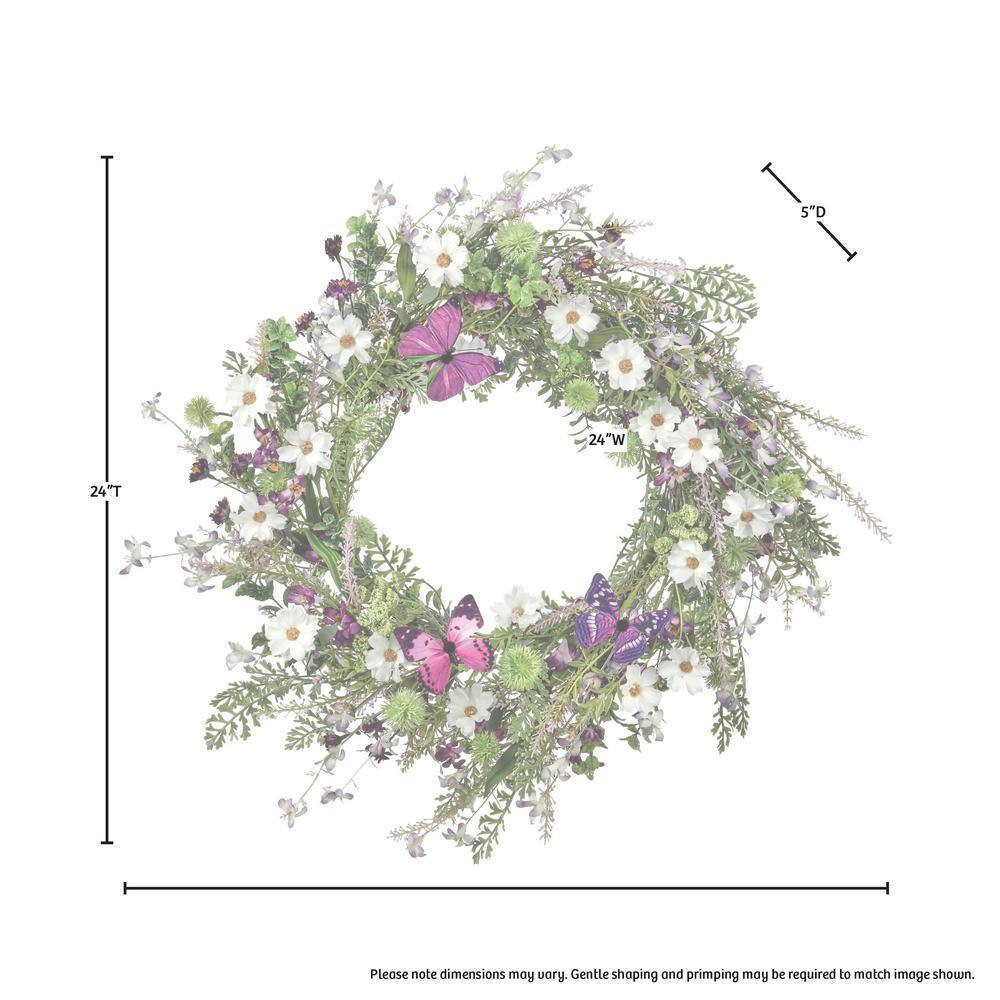 24 In. Purple, White Artificial Wildflower with Butterfly Wreath