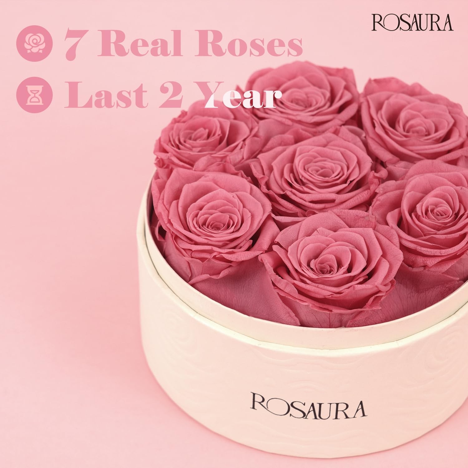 Preserved Roses Gift Box Real Forever Flowers Round Case Pink 7 PCS Rose