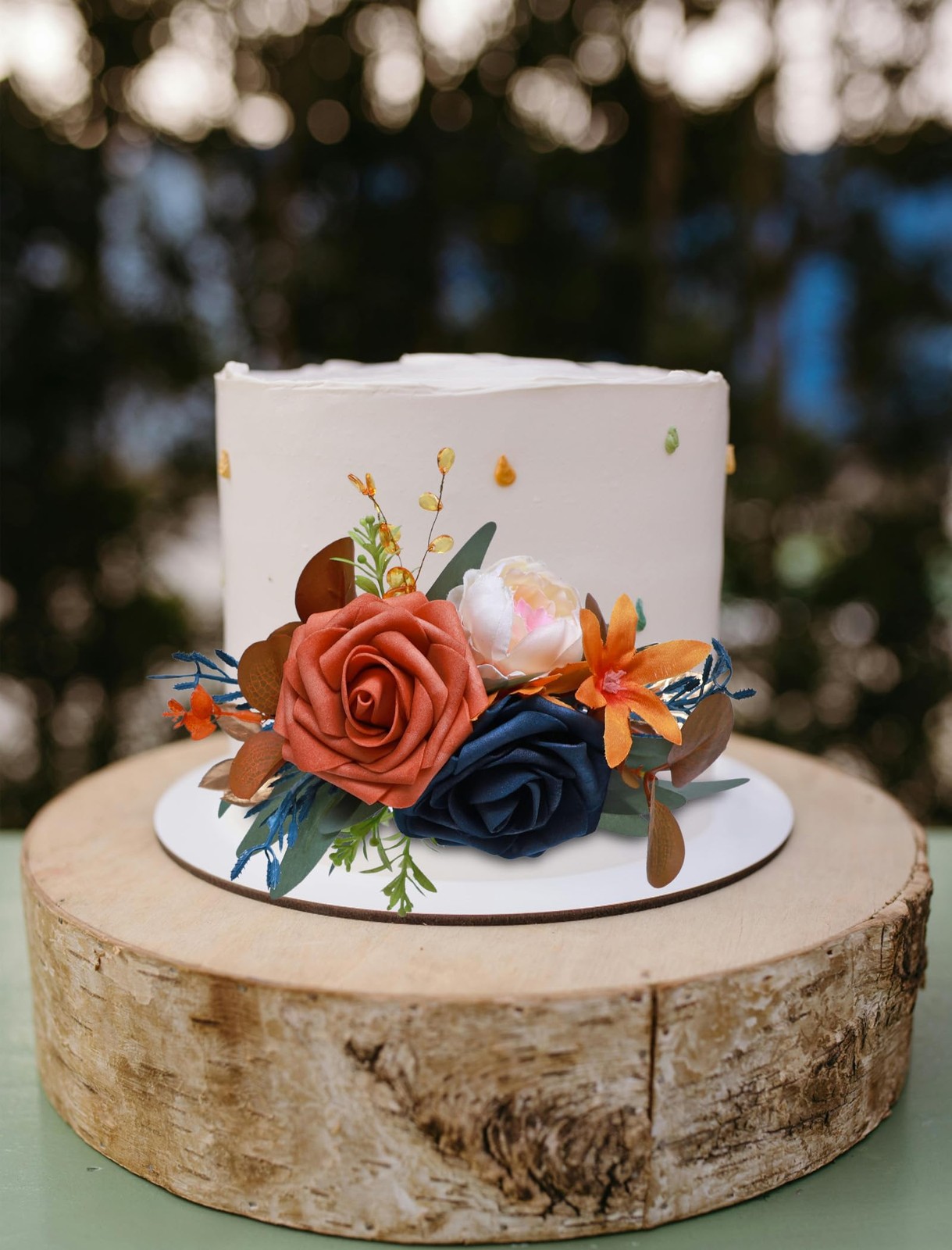 3Pcs Cake Topper Set Wedding Artificial Flowers Decor Burnt Orange-Blue Perfe…