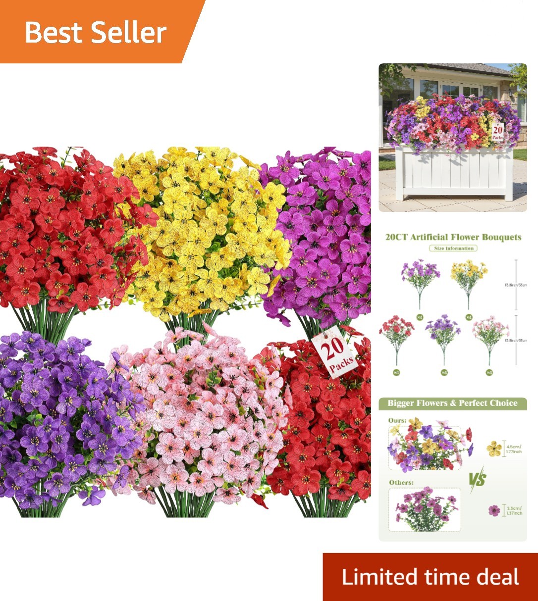 Colorful 20-Pack Faux Flowers for Garden, Home & Special Events – No Fade