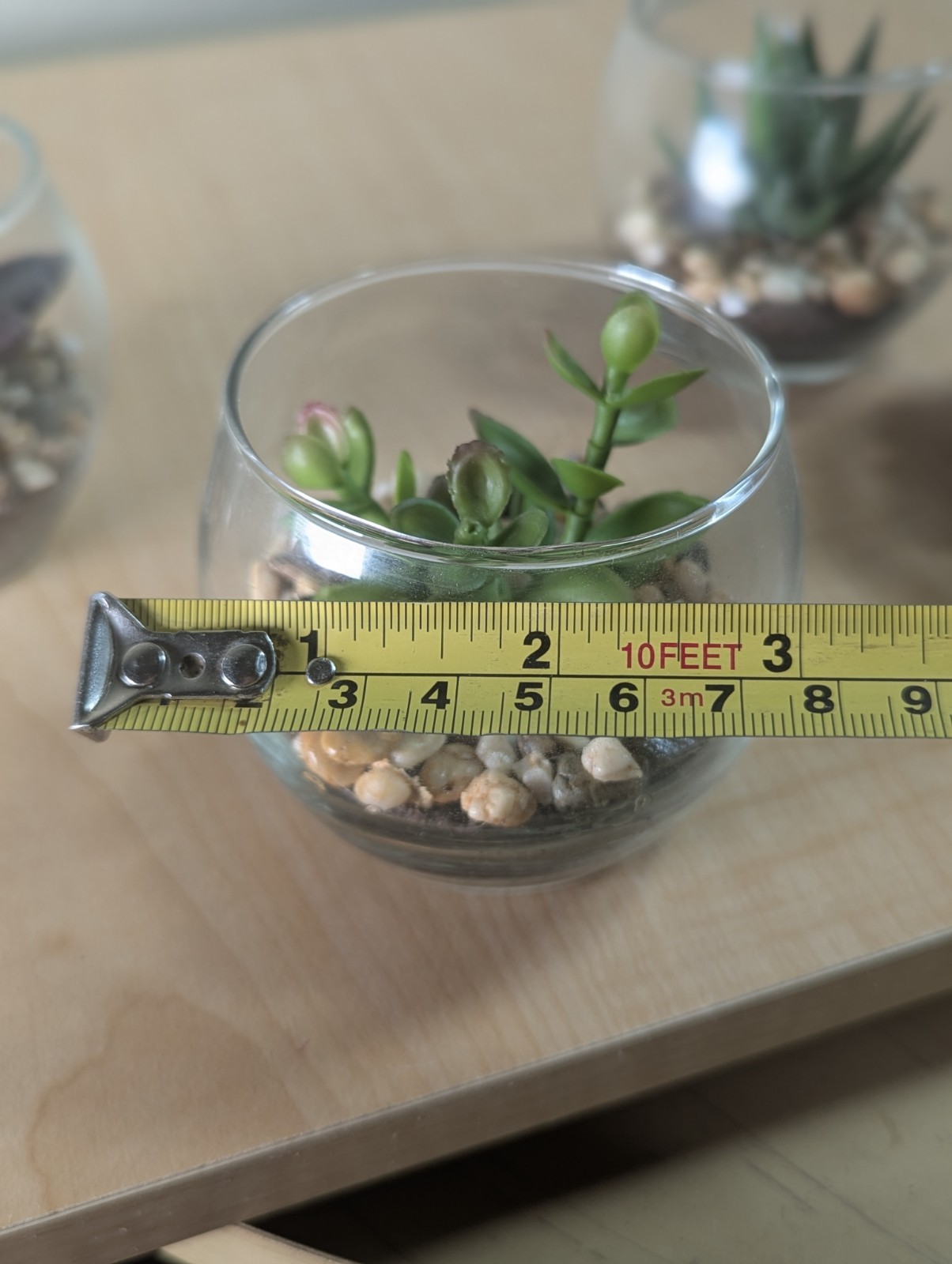 Set Of 4 Glass Bowls With Faux Succulents Pebbles Dirt 3″X3″