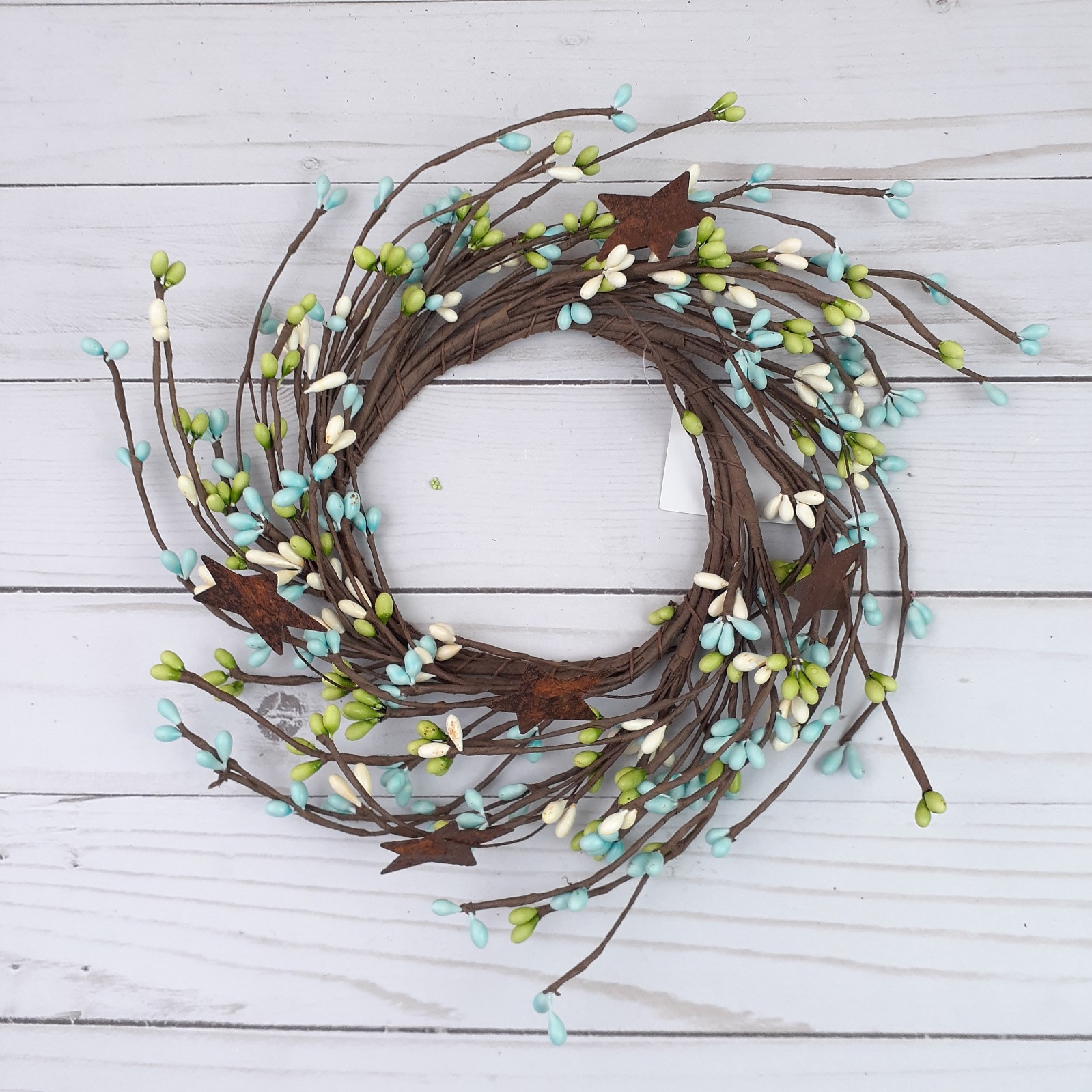 Pip Berry Candle Ring Rusty Tin Stars Seabreeze Blue Green Ivory 4″ inside