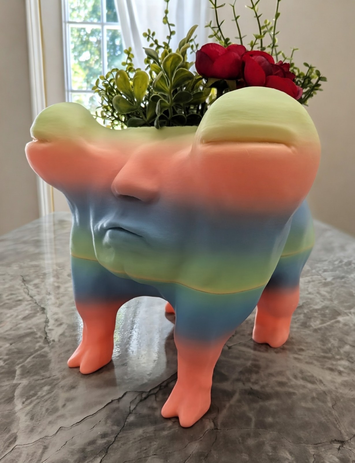 Whimsical Rainbow Dog Planter with Human Face
