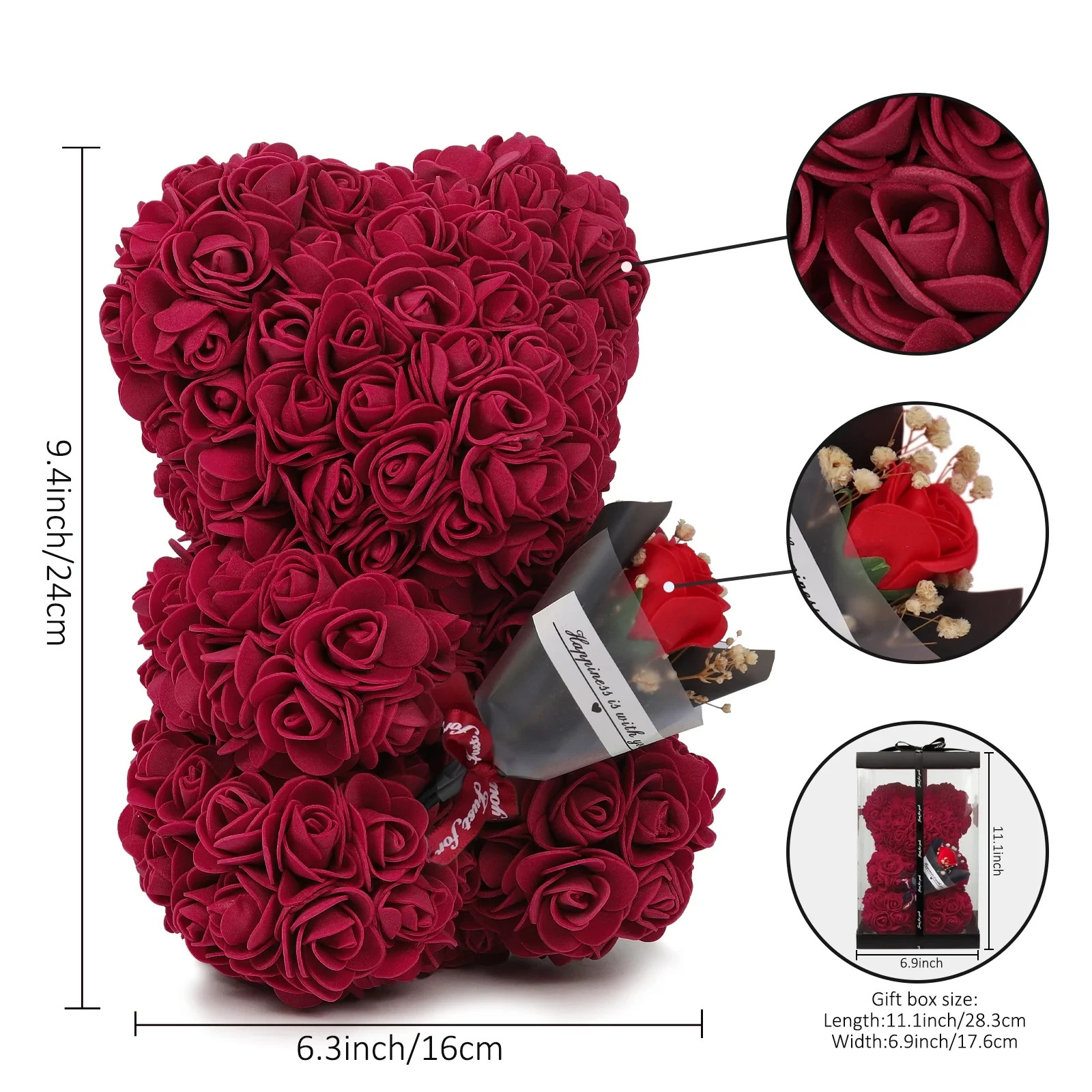 RECUTMS ARTIFICIAL ROSE BEAR VALENTINES DAY GIFT FOR HER, RED *DISTRESSED PKG
