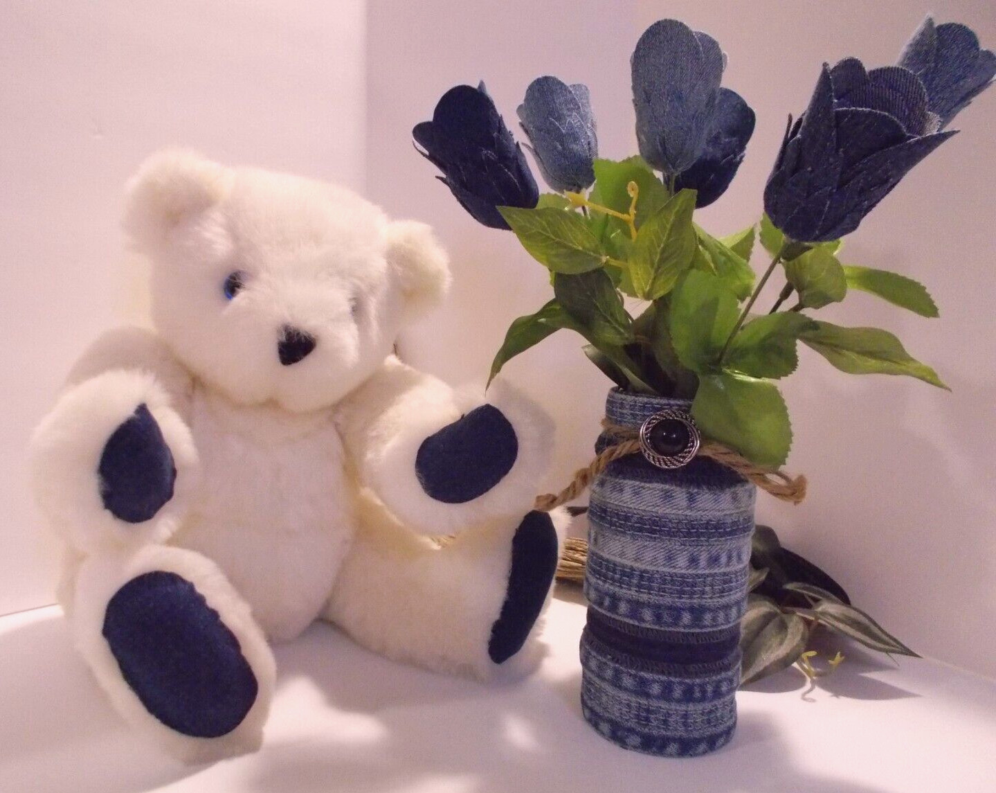 Handcrafted Denim 6 Rose Bouquet in Denim Seams Vase w Teddy Bear Upcycled Denim