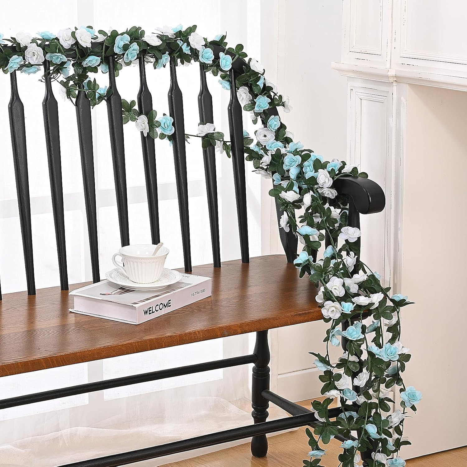 Flower Garland – 5 Strands 41Ft Rose Vines for Bedroom Decor, Blue and White Ros