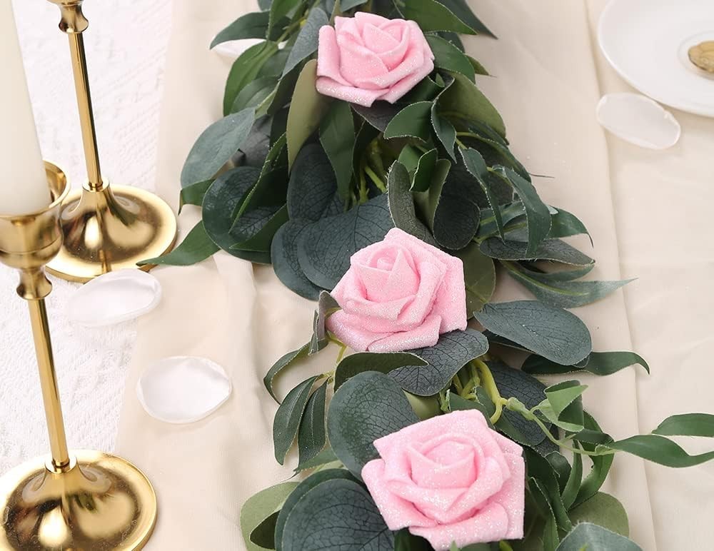 Lifelike 25pcs Pink Glitter Artificial Roses – Wedding & Party Essentials