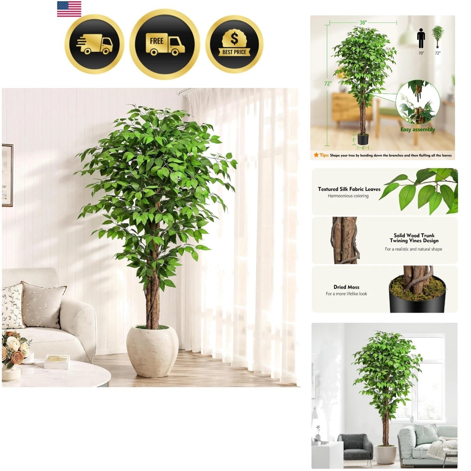 6.2ft Ficus Artificial Trees with 3 Natural Curved Trunks, 74″ Tall Lush Faux…