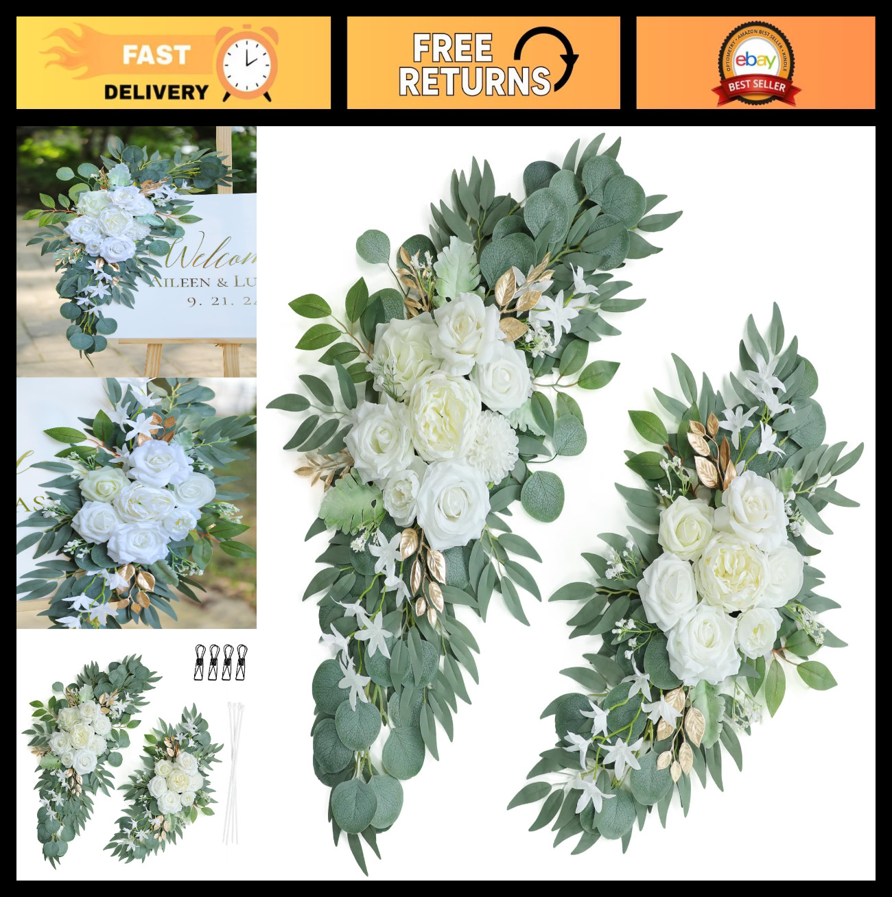 White Wedding Arch Flower Swags Set of 2 – Artificial Floral Decor for Ceremony