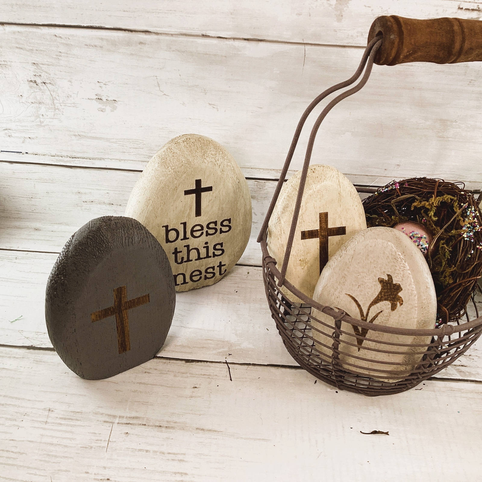 CWI Easter Decor – Prim Egg Basket Wood Eggs Birds Nest