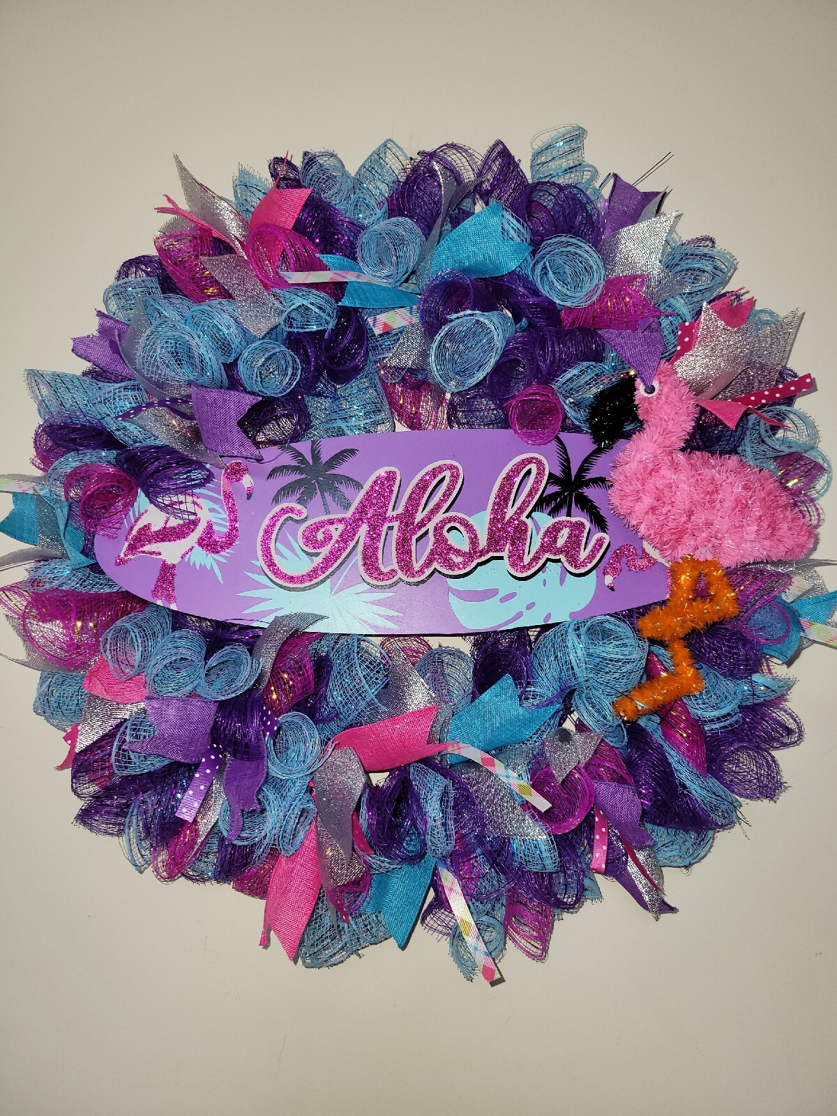 ALOHA Summer Spring Mesh Front Door Wreath Wall Decor BRIGHT Purple Pink Blue