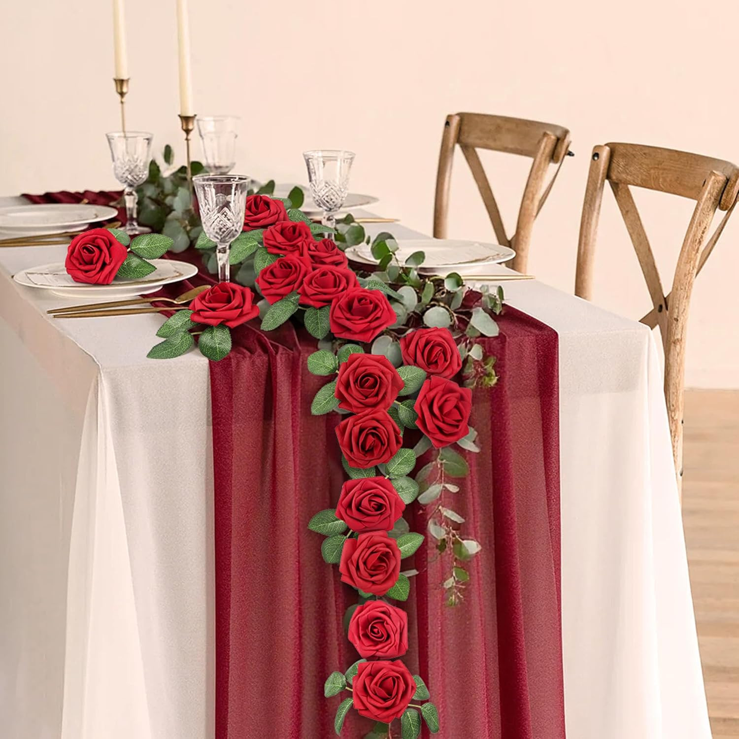 50 Pcs Artificial Flowers Red Roses Bulk, Real Looking Foam Fake Roses with Stem