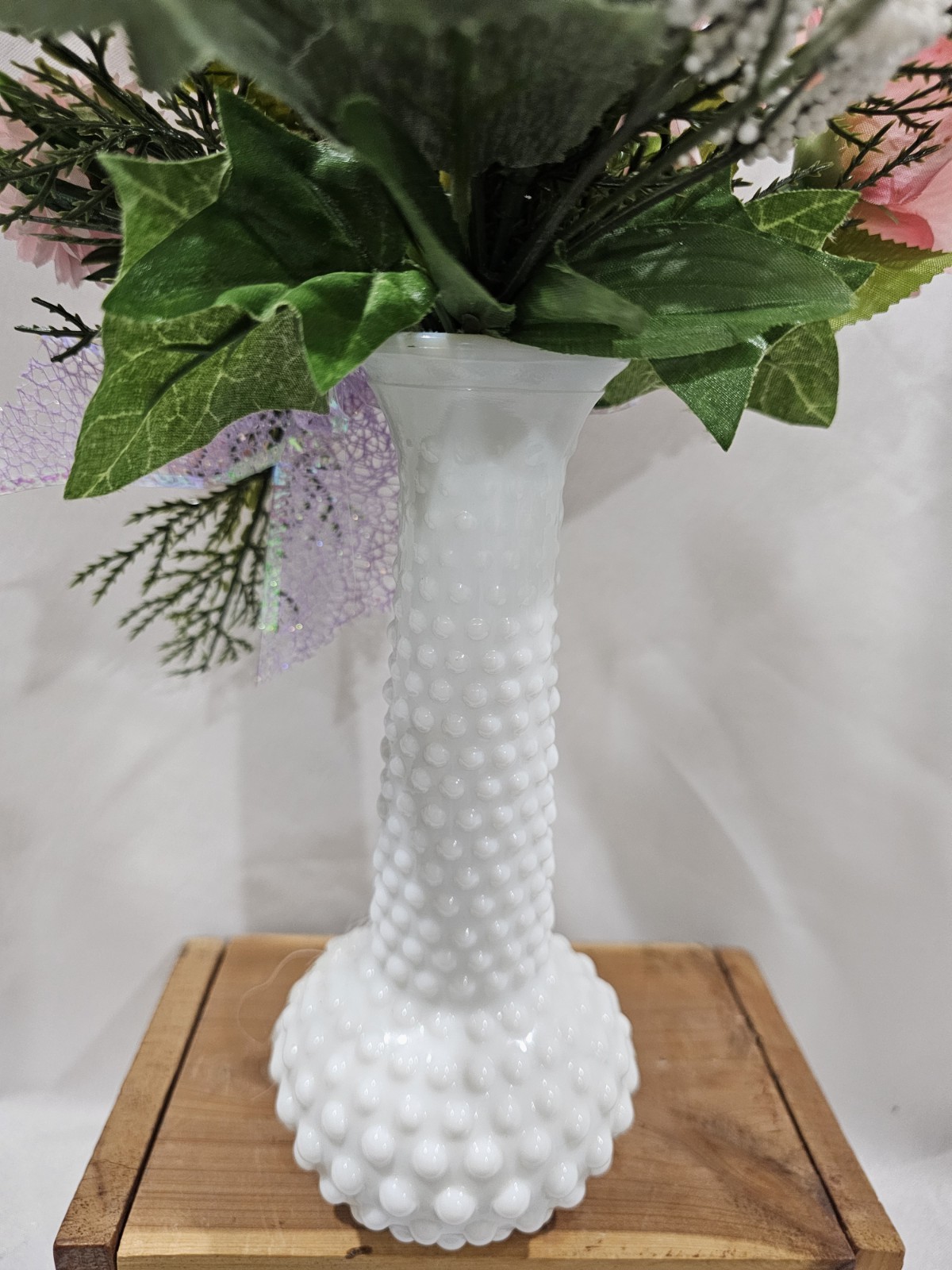 Artificial Pink Rose Flowers in beautiful Milkglass Hobnail Vase w/airy greenery