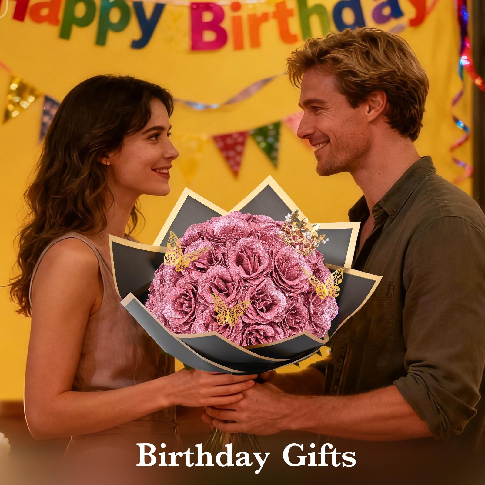 36 PCS Rose Gold Glitter Roses Bouquet DIY Fake Flowers Birthday Anniversary