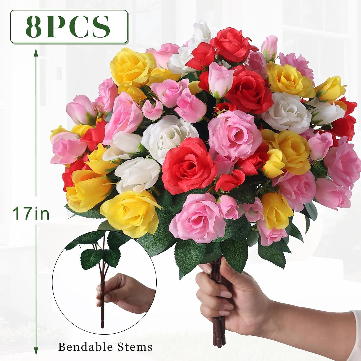 8 Bundles Artificial Roses, Realistic Silk Bouquet Flower(Mixed Color) | Fluf…