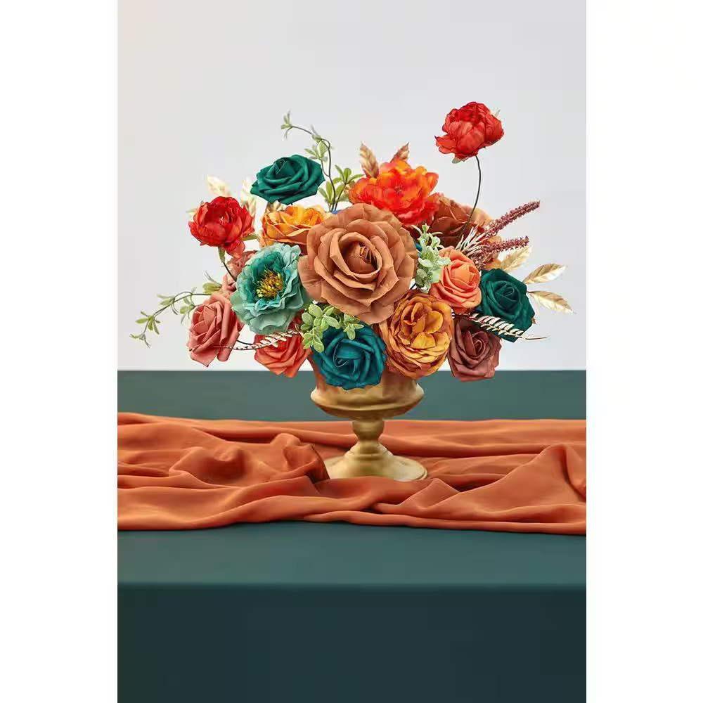 5 In. H Burnt Orange and Teal Artificial Silk Mixed Flowers for Wedding Party Ho
