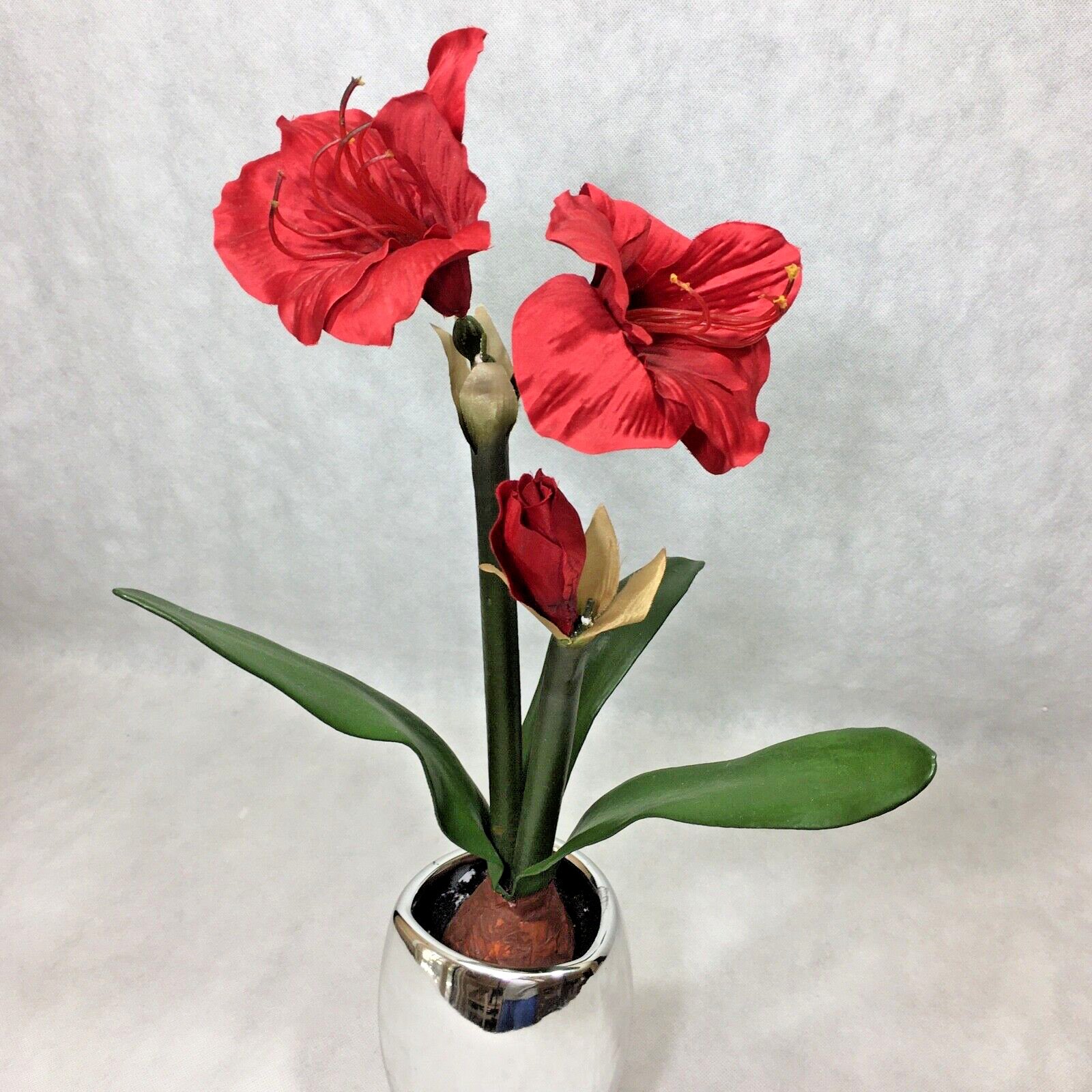 Metallic Chrome Ceramic 7″ Planter Vase w/ Faux Flower Display Floral
