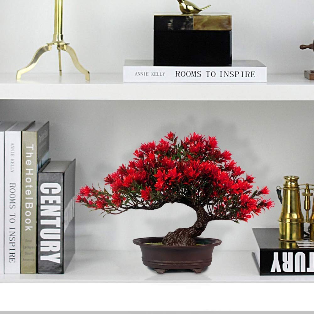 Artificial Bonsai Tree Red 9.5in Decor