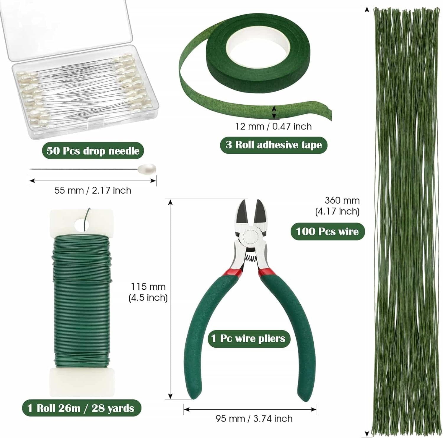 Floral DIY Kit: 100 pcs Wire, 3 Rolls Tape & Boutonniere Pins for Arrangements