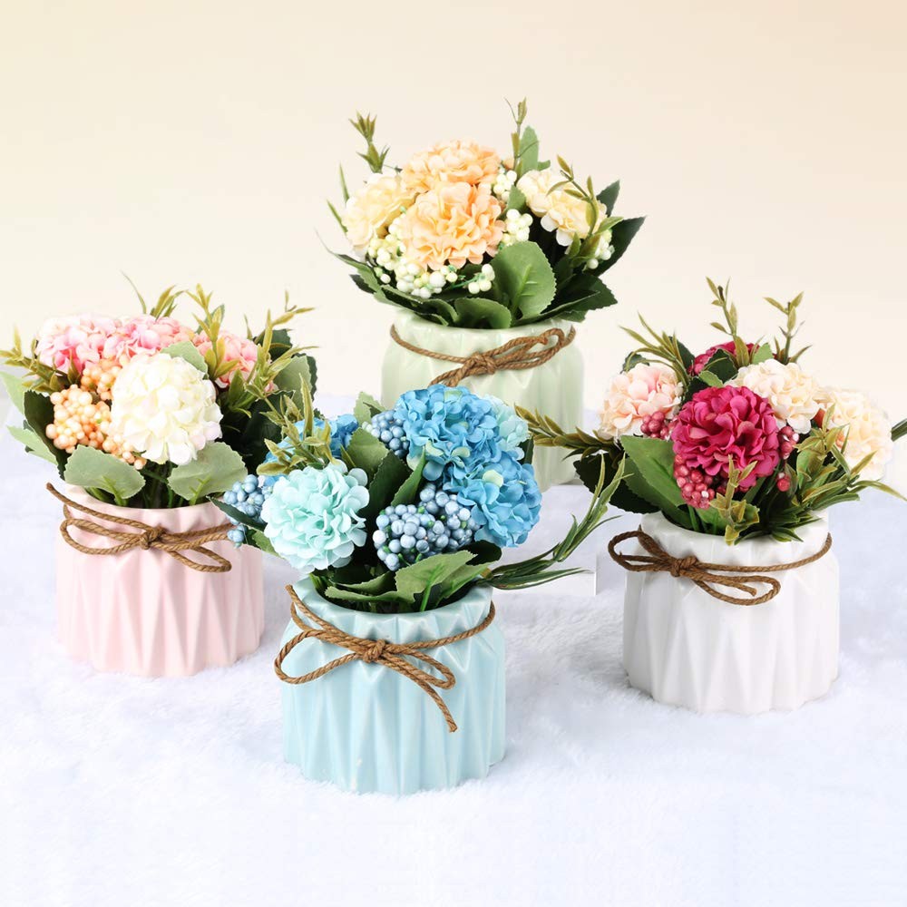 SUPNIU Artificial Hydrangea Bouquet with Small Ceramic Vase Fake Silk Variety…