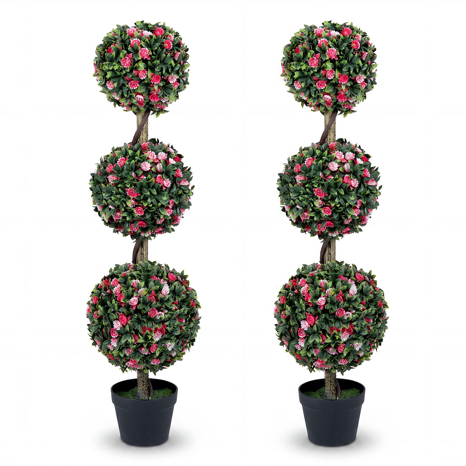 2PCS Artificial Triple Ball Rose Topiary Tree w/Lifelike Blooms & Green Leaves