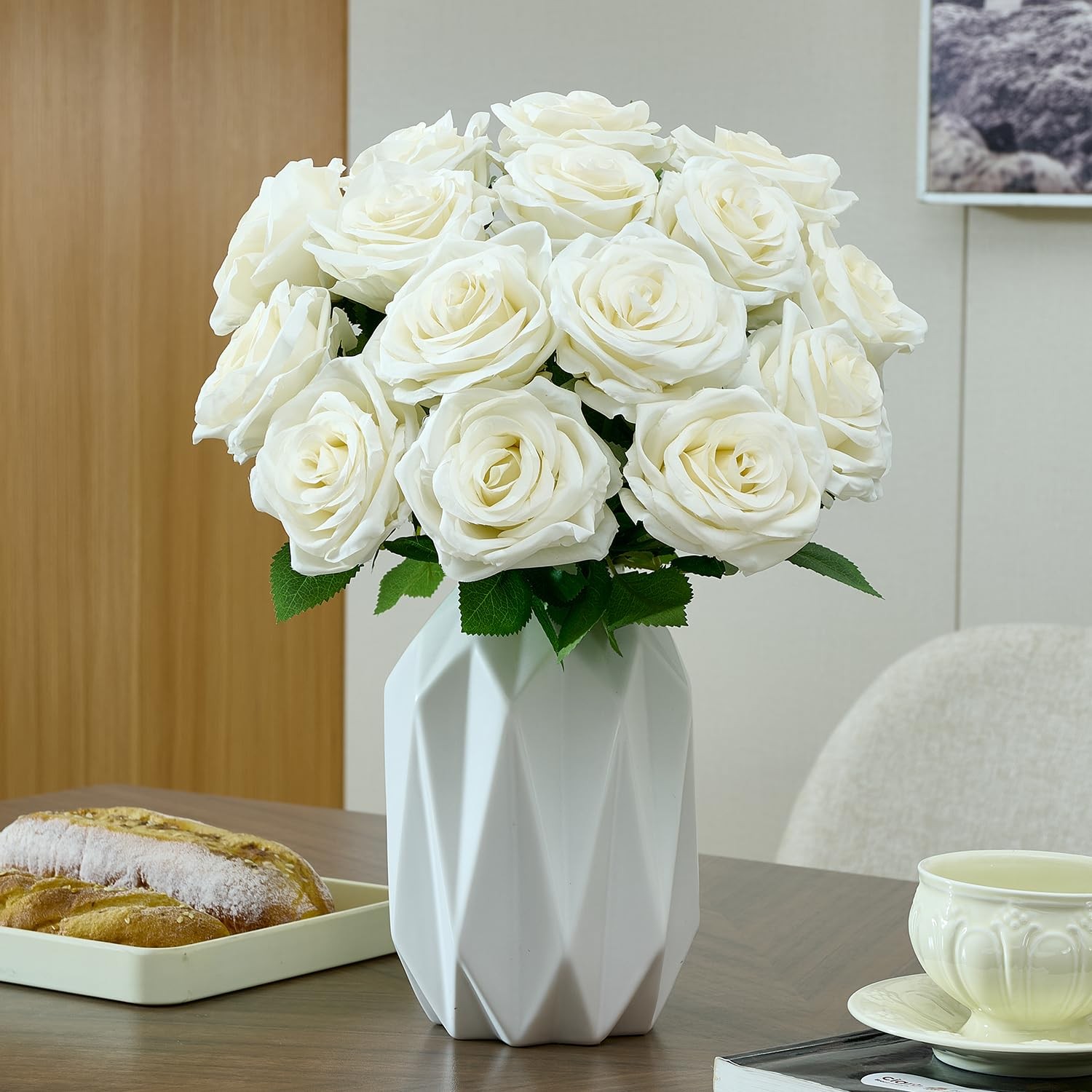 100 Pcs White Rose Artificial Flowers Bulk, Ivory Silk Fake Roses with Long S…