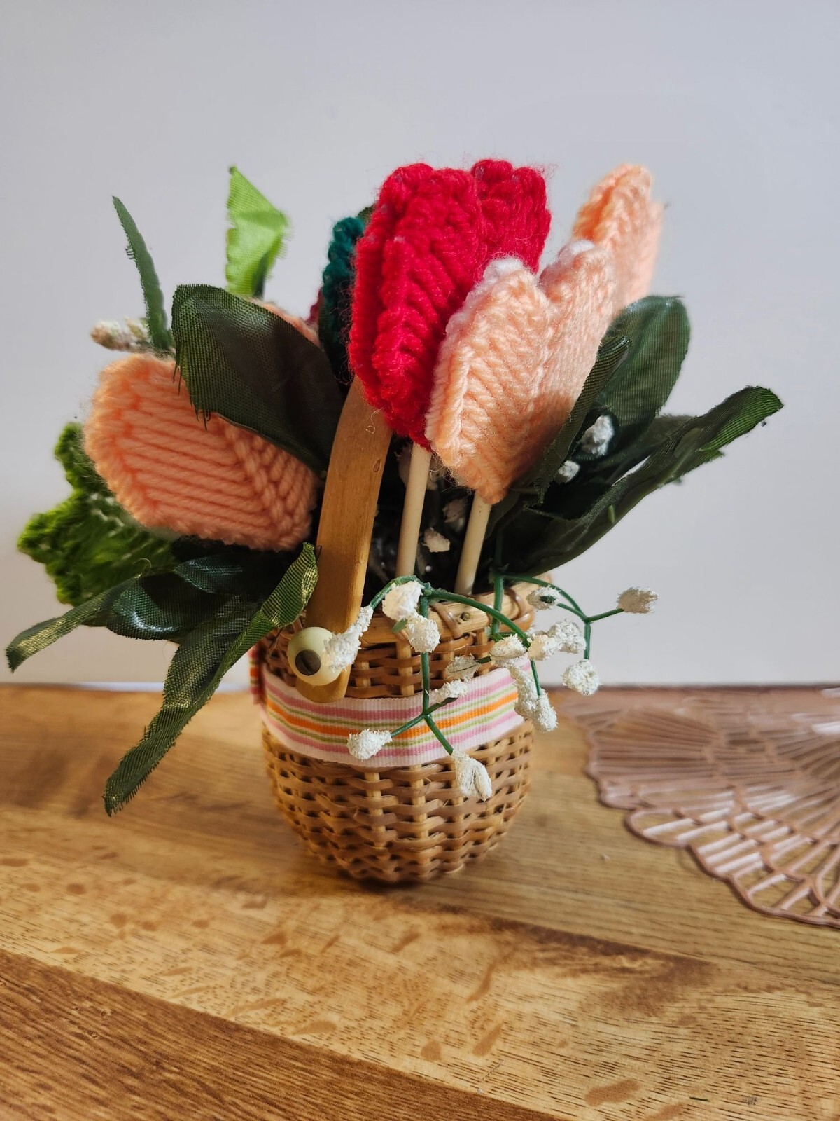 Basket of Heart Flowers Crochet Vintage Handmade