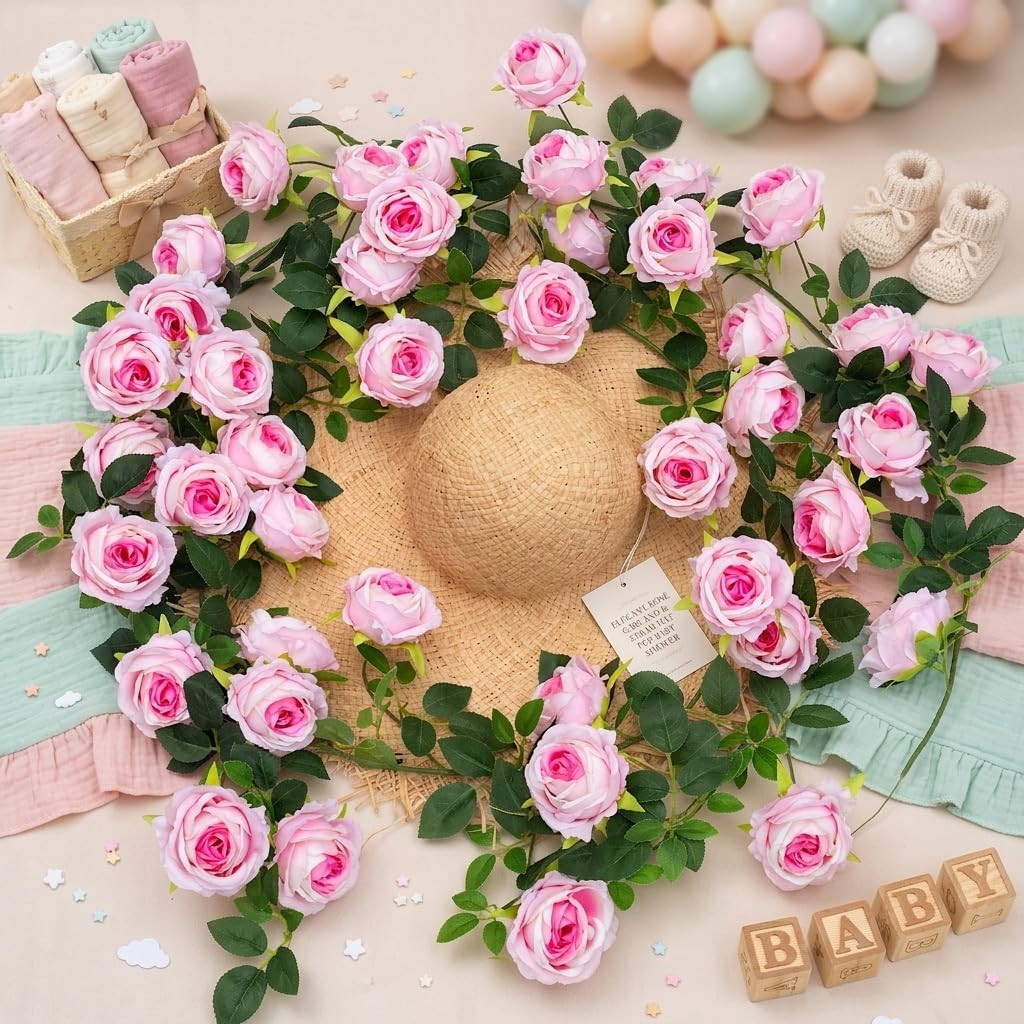 2Pcs 12Ft Bendable Artificial Flower Garland Faux Rose Vine Hanging Floral Garla