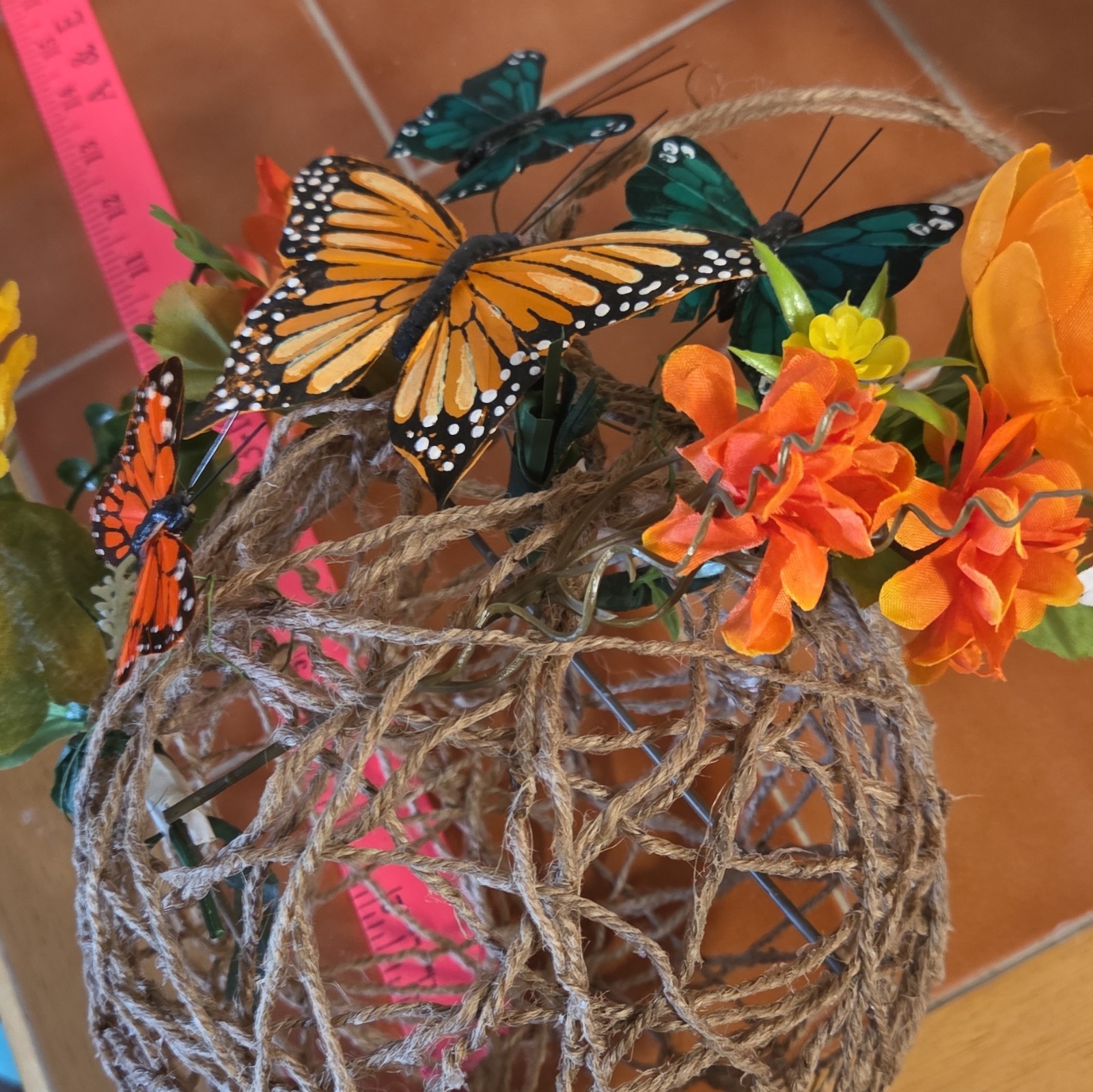 Artificial Twine Decorative Ball Door Decoration w/ Flowers & Butterflies Brown