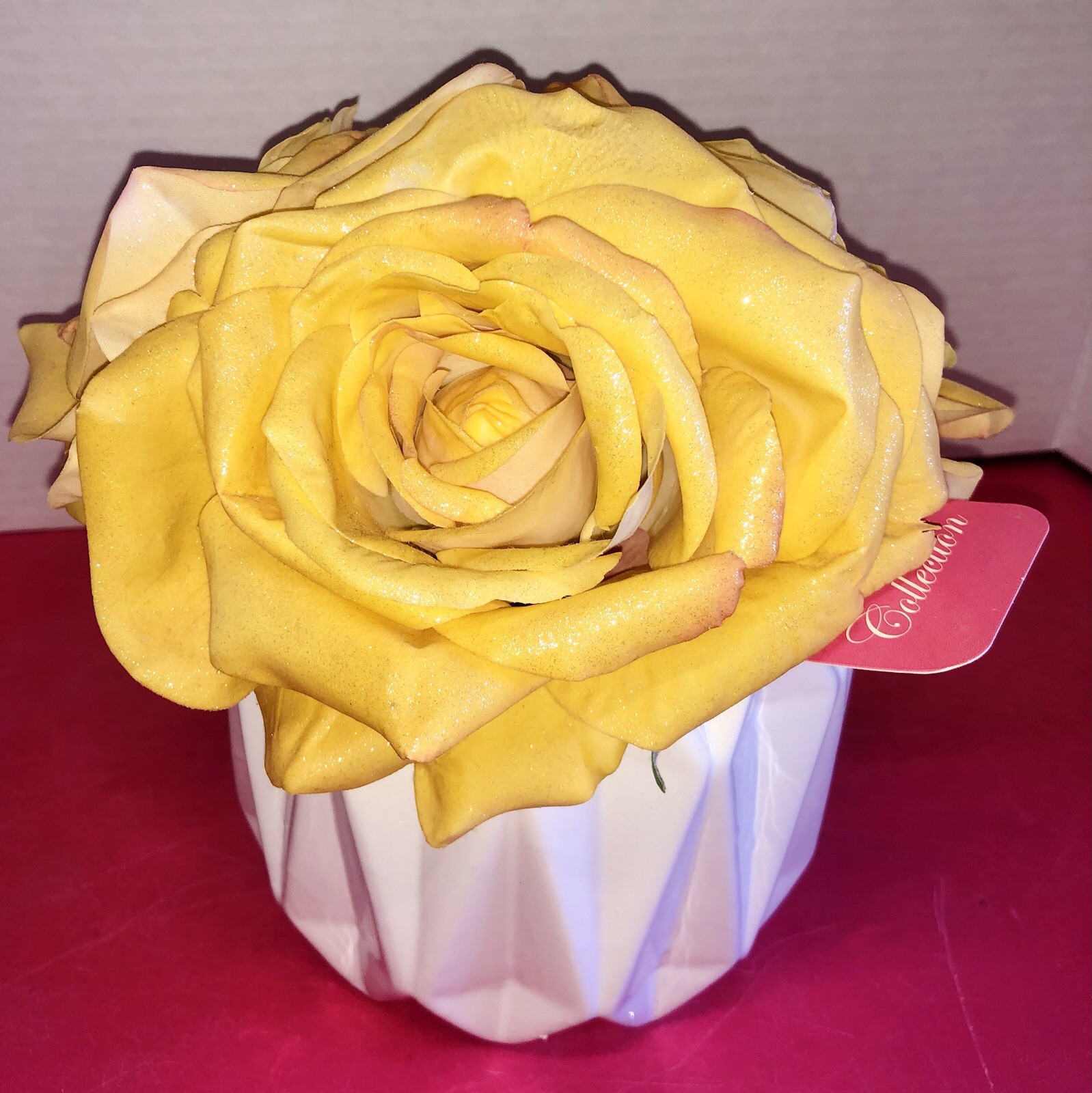 Yellow Sparkling 3 Roses Arrangement Home Goods Decor Floral Accent Flower Vase