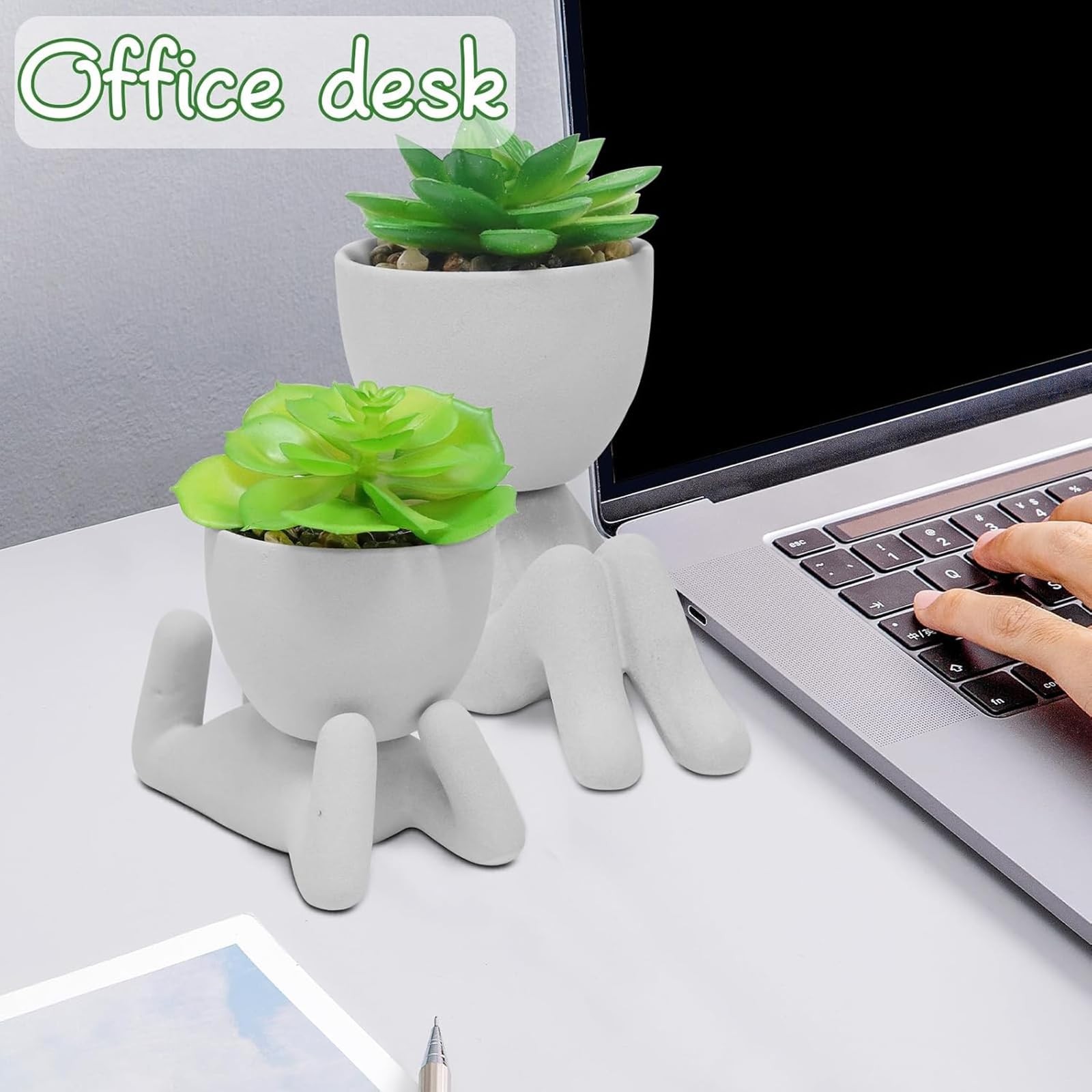 Cement Gray Artificial Succulent Plants Human Shaped Pots Desk Decor 2 PCS