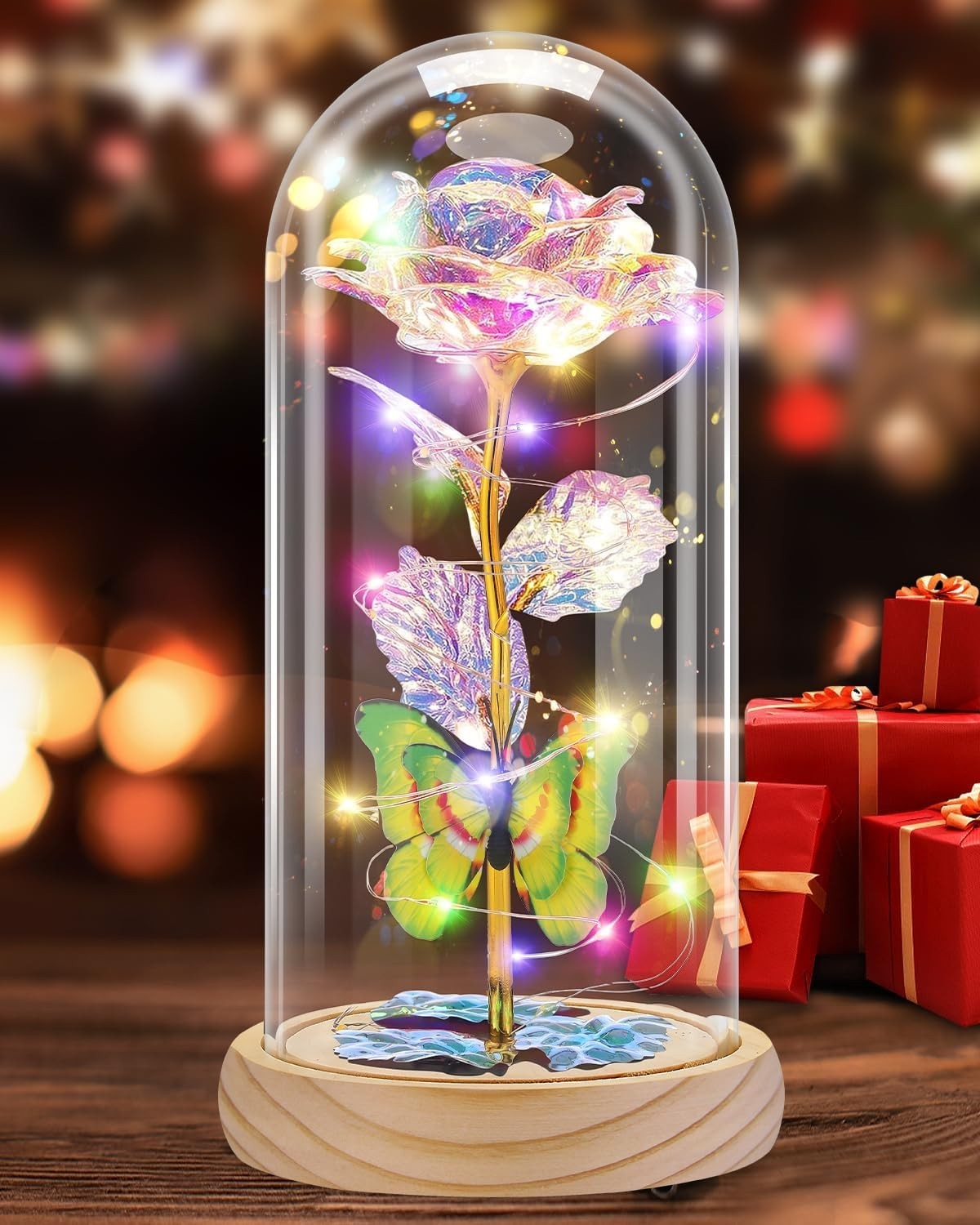 Preserved Rose Under Glass Dome with Butterfly and LED Lights – Home Decor