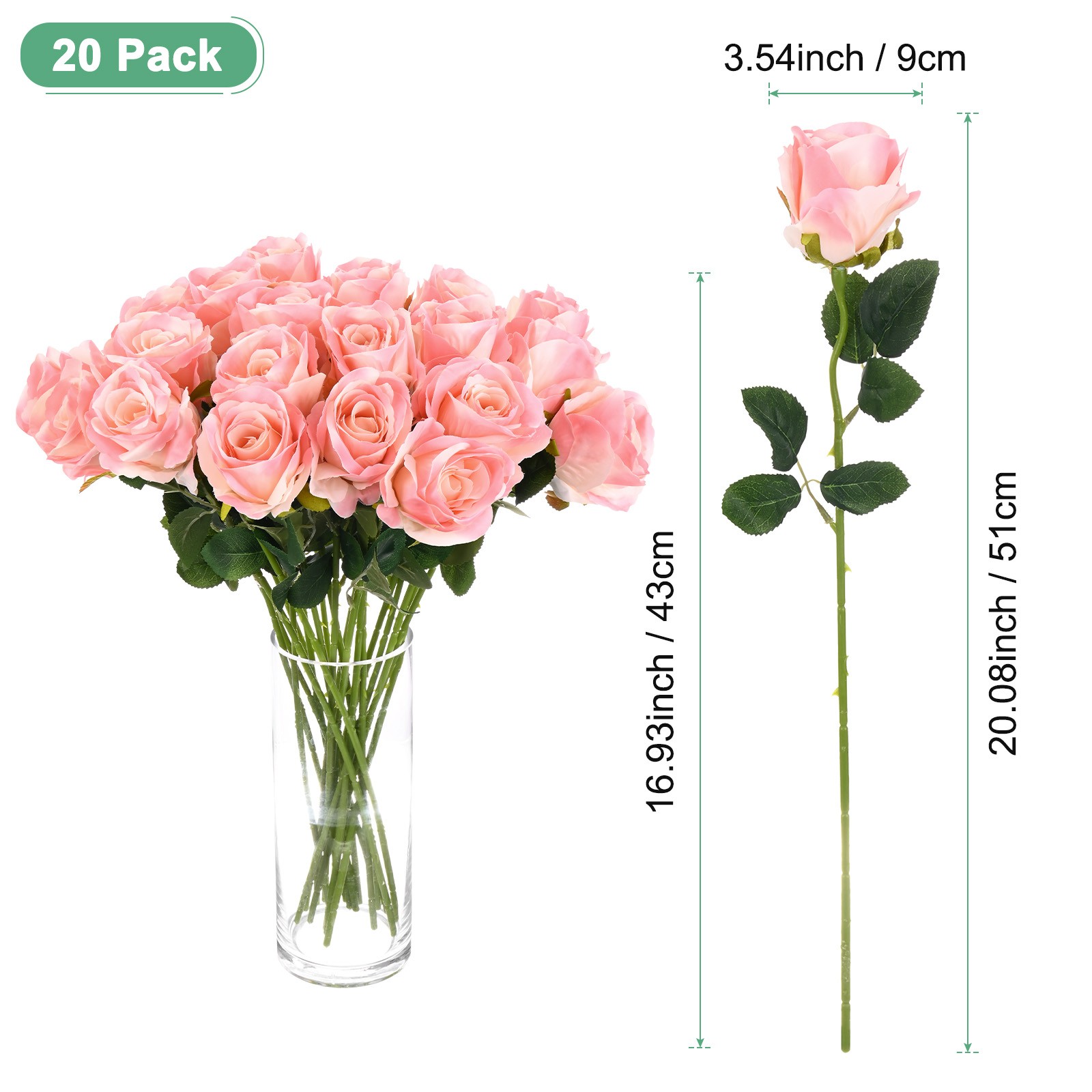 20-Pack Rose Artificial Flowers with Long Stem for Home Decor [Gradient Pink]