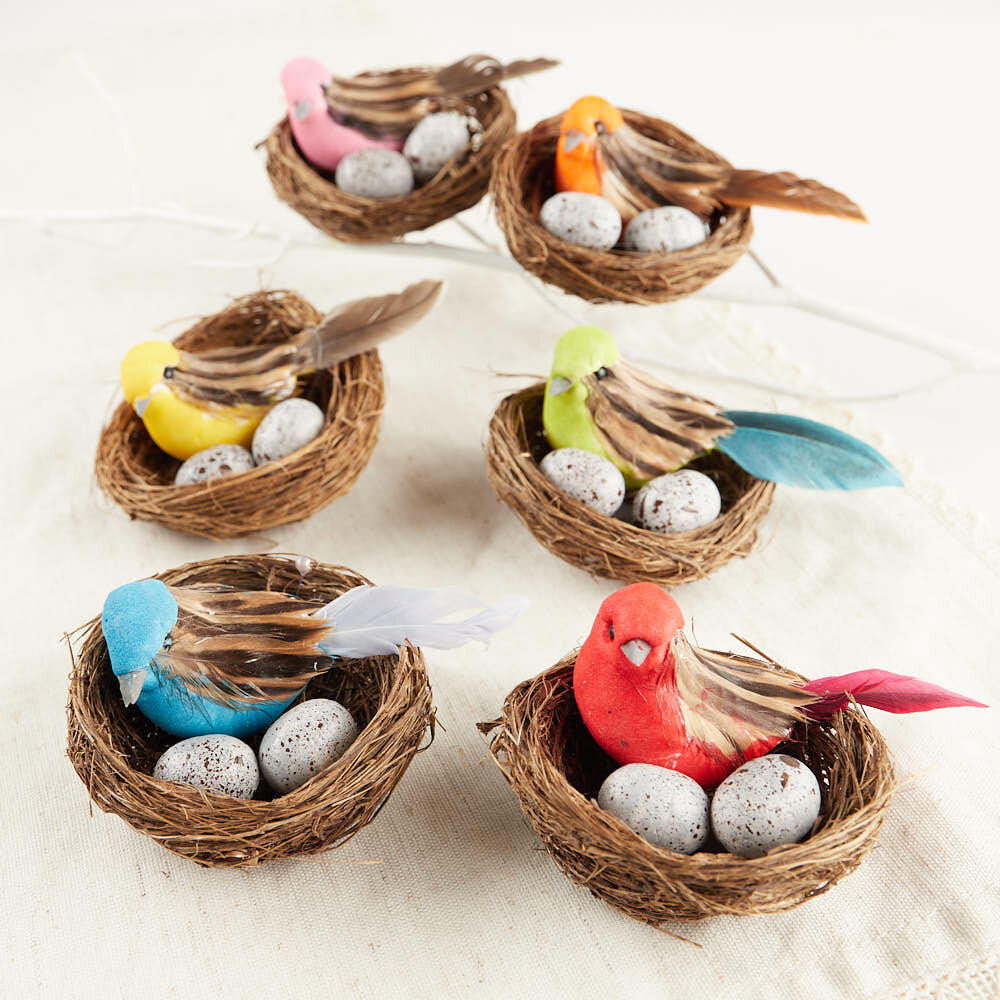 Package of 12 Artificial 2-3/4″ Nests with Assorted Colored Bird and Eggs