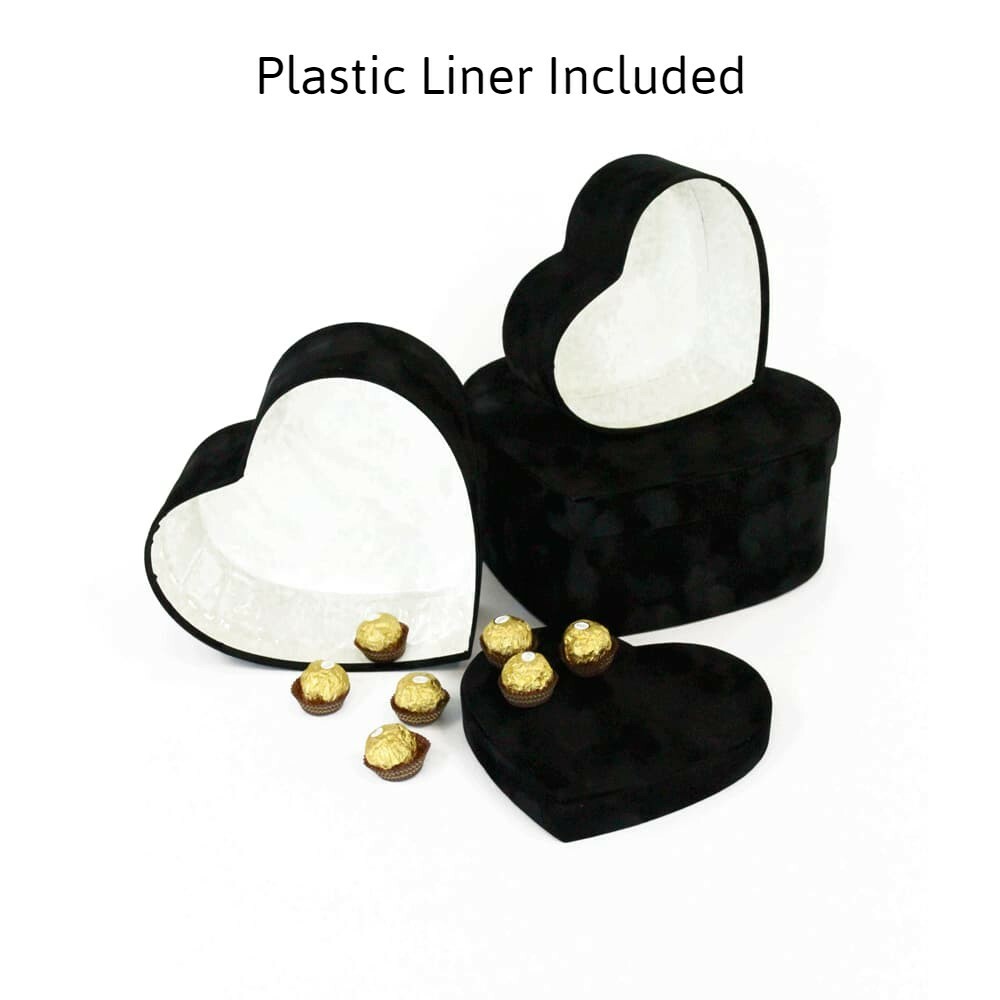Premium Quality Heart Shaped Velvet Flower Boxes, Set of 3, Liner Included