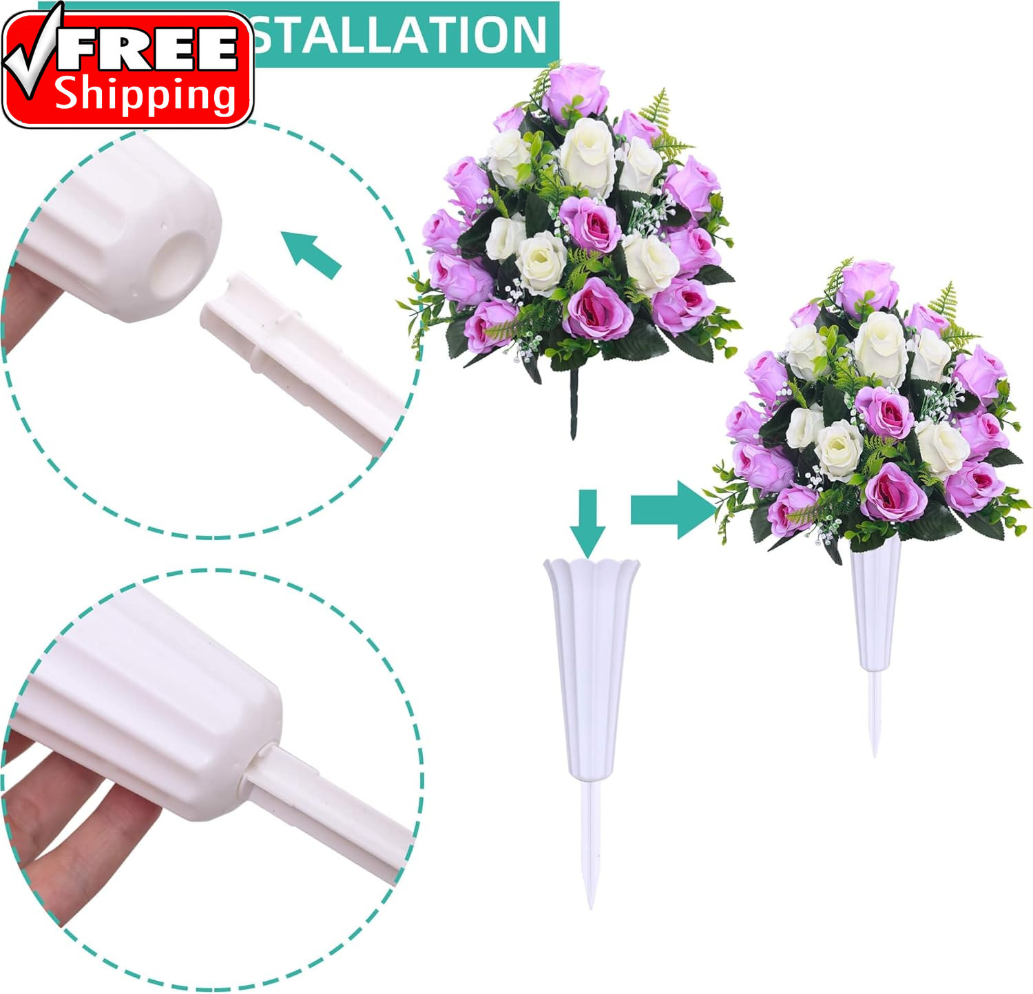 Artificial Cemetery Flowers,Set of 2 Grave Decorations Roses, Tombstone Memorial