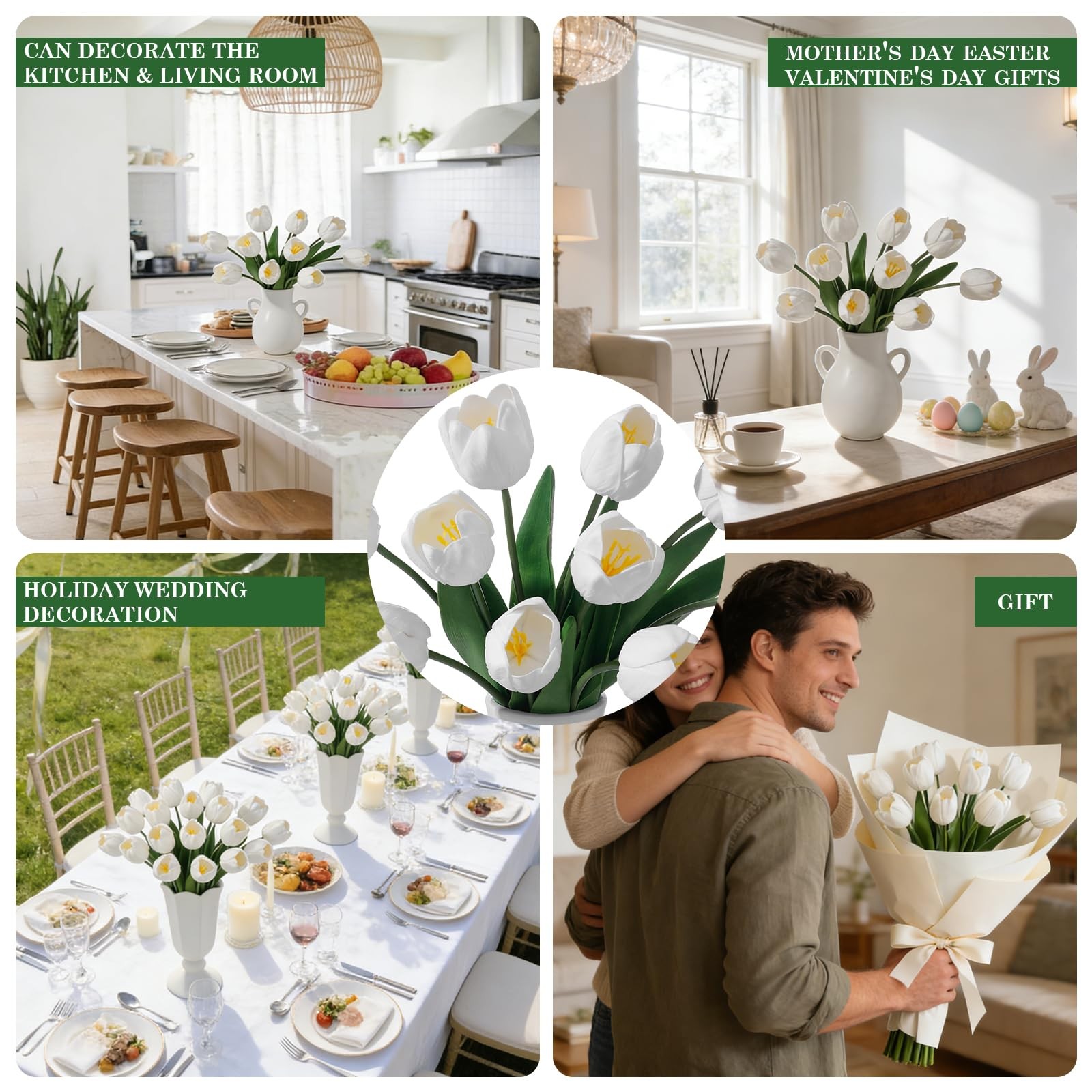 White Fake Tulips 18.5 Inch PU Artificial Flowers Spring Wedding Home Decor