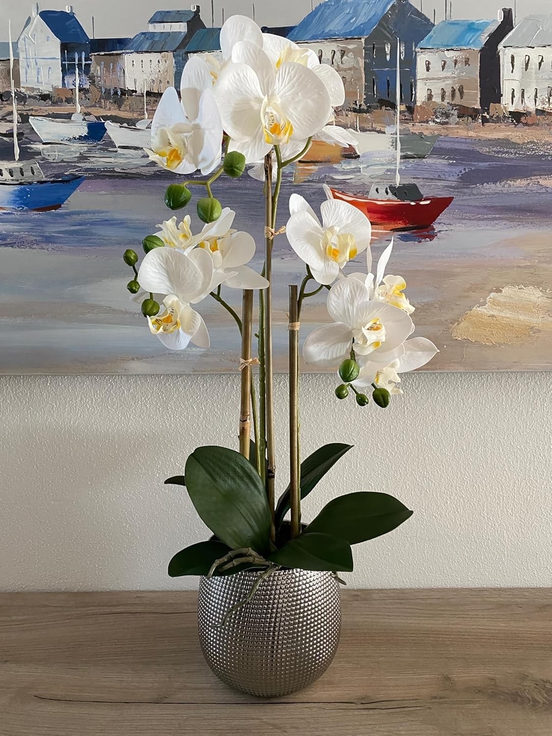 Artificial Flower Arrangement White Phalaenopsis Orchid in Silver Ceramic Vase