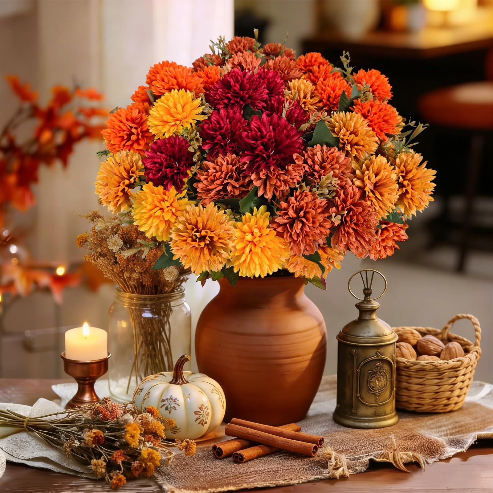10Pcs Fake Flowers Artificial Mums for Outdoors,UV Resistant Faux Mums for Ou…