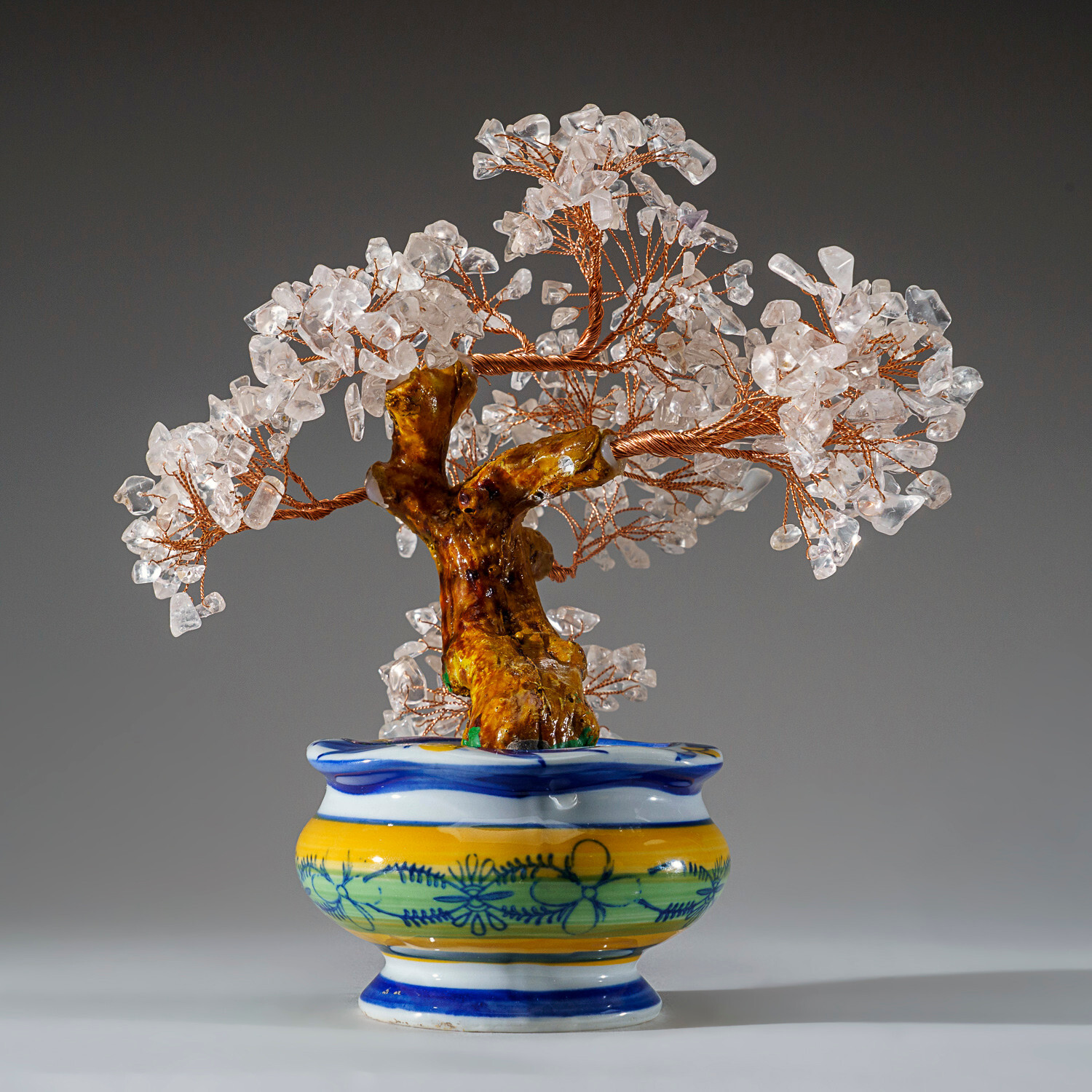 Genuine Quartz Gemstone Bonsai Tree in Round Ceramic Pot (8.5”)
