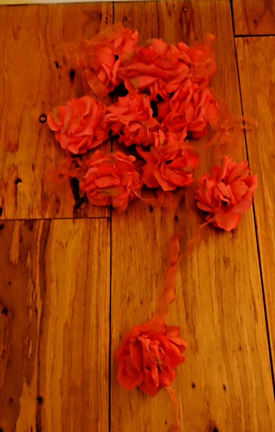 Pink Silk Rose Floral Garland Attached To Pink Organza Ribbon