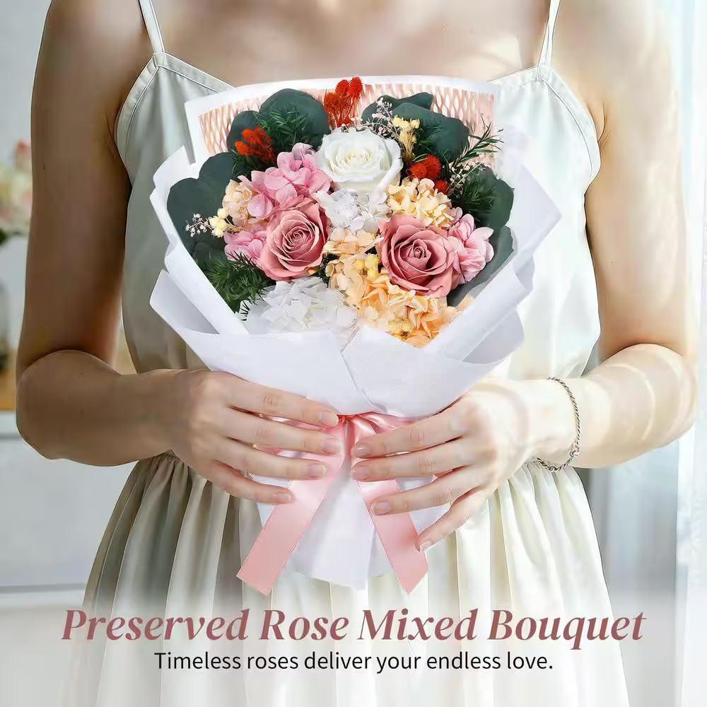 13.4 In. Light Pink Artificial Preserved Rose Bouquet-Includes Gift Box and Gree