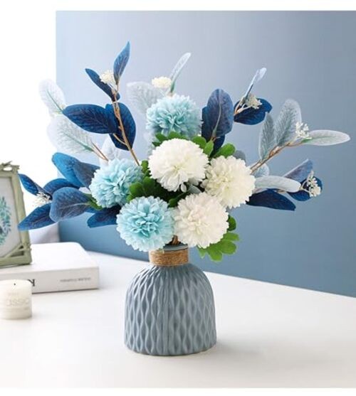 Artificial Flowers with Ceramic Vase Faux Hydrangea Flower Arrangements Blue