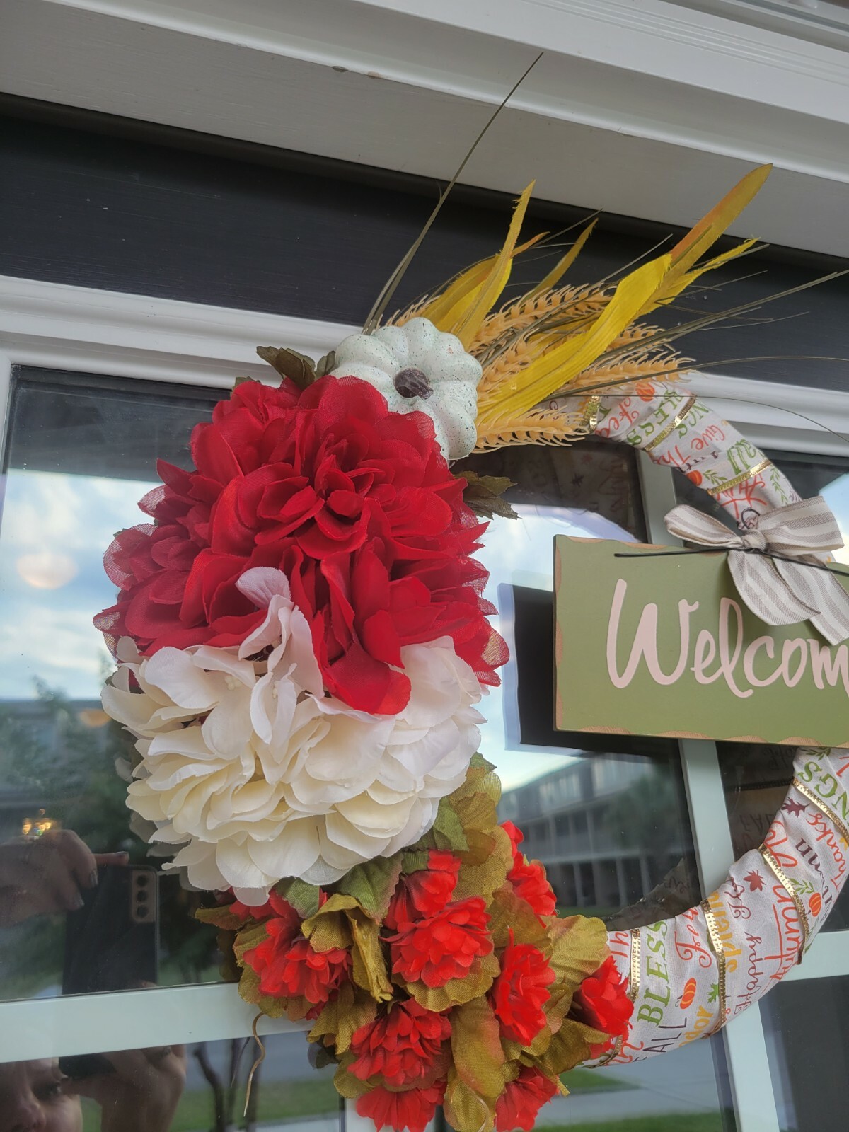WELCOME fall FLOWER Hydrangeas cat tail burlap WREATH autumn Decor Front Door