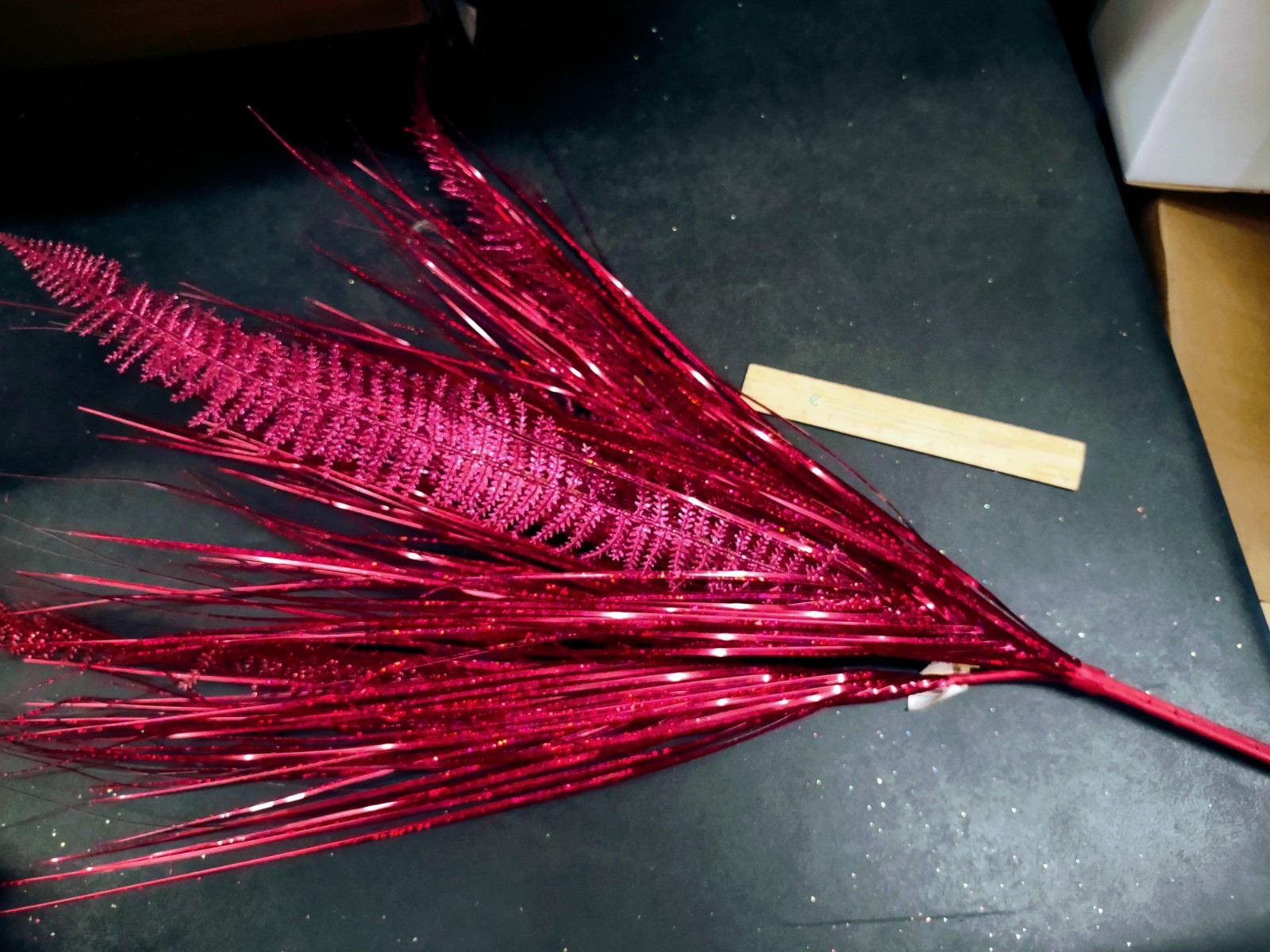 Retro Plastic Dragon Fern, Red, w/200 Stems of Holographic Grass Greenery, 24″