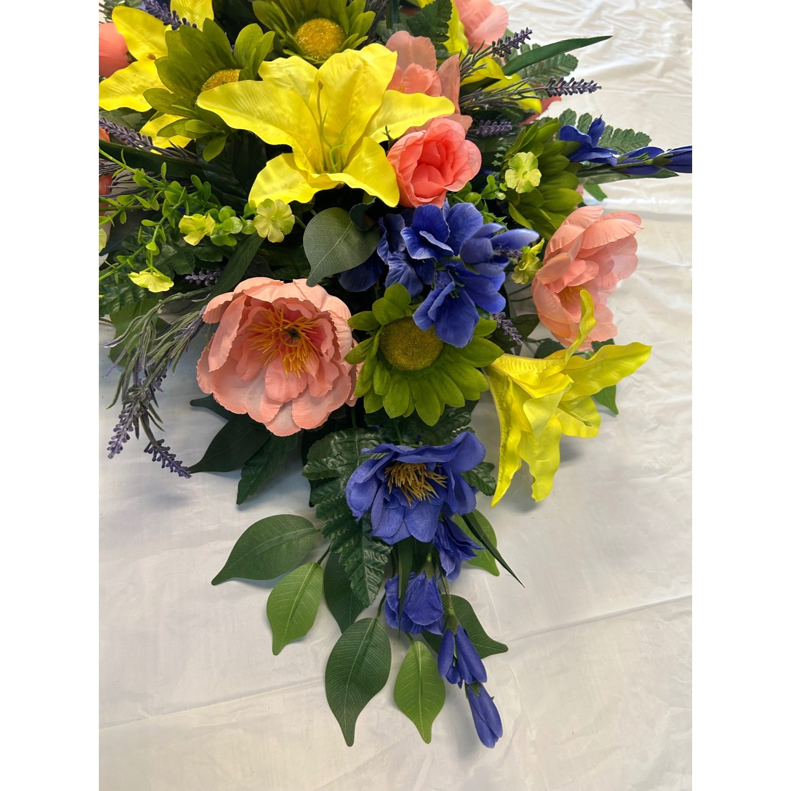 Large Artificial Floral Cemetery Spray Yellow Lily Coral Peony 36 Inch Swag