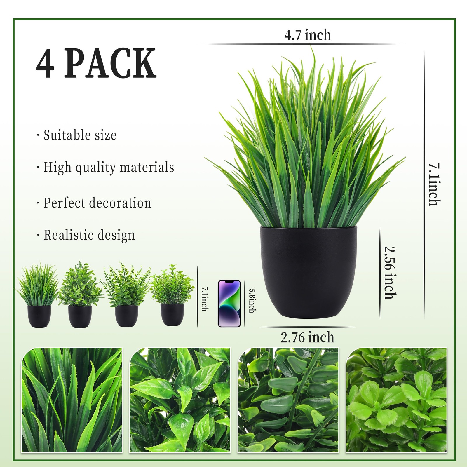 4 Packs Artificial Plants Small Faux Plants Black Bathroom Accessories for Hallo