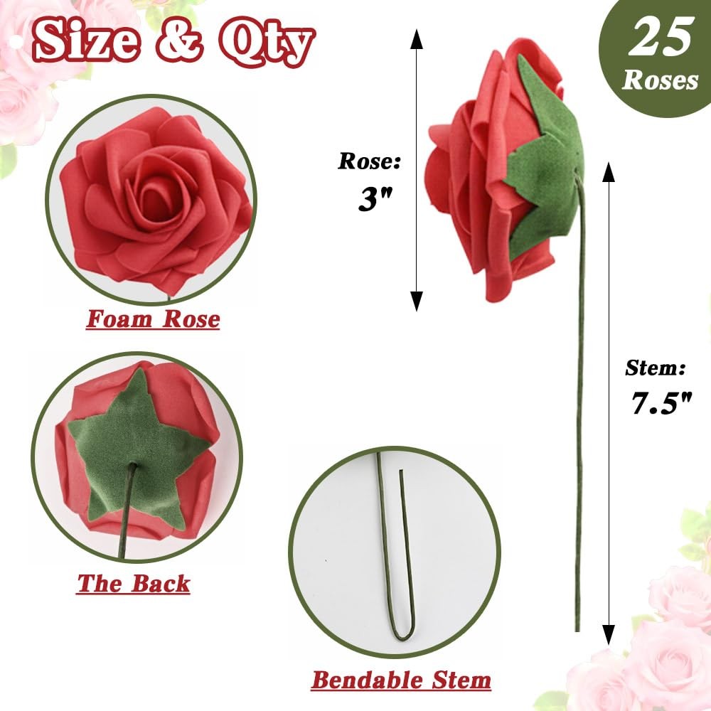 Artificial Flowers, 25 Pcs Red Foam Fake Roses Bulk for Flower Decoration DIY…