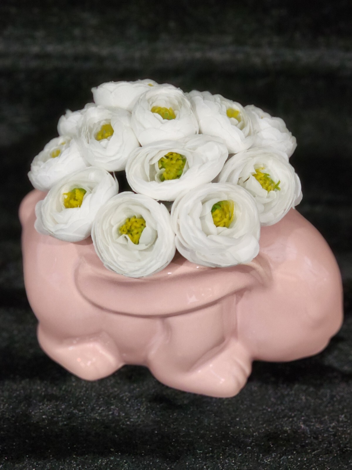 White Silk Floral Arrangement in Pink Ceramic Bunny Planter 7″ Decor Easter Baby