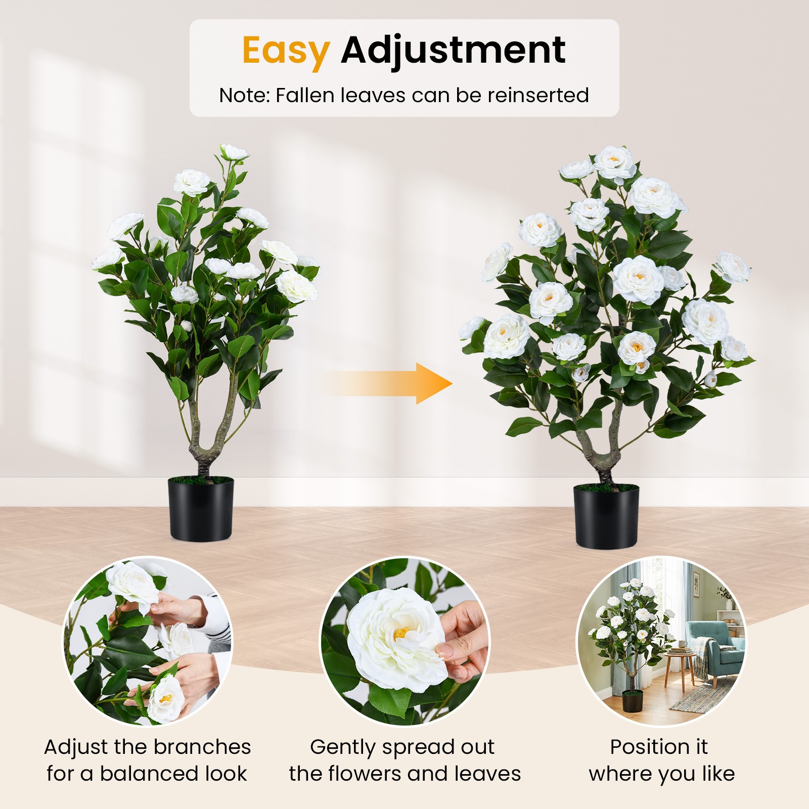 Artificial Camellia Tree, 35.5″ Faux Flower Plant in Cement-Filled Pot for Home